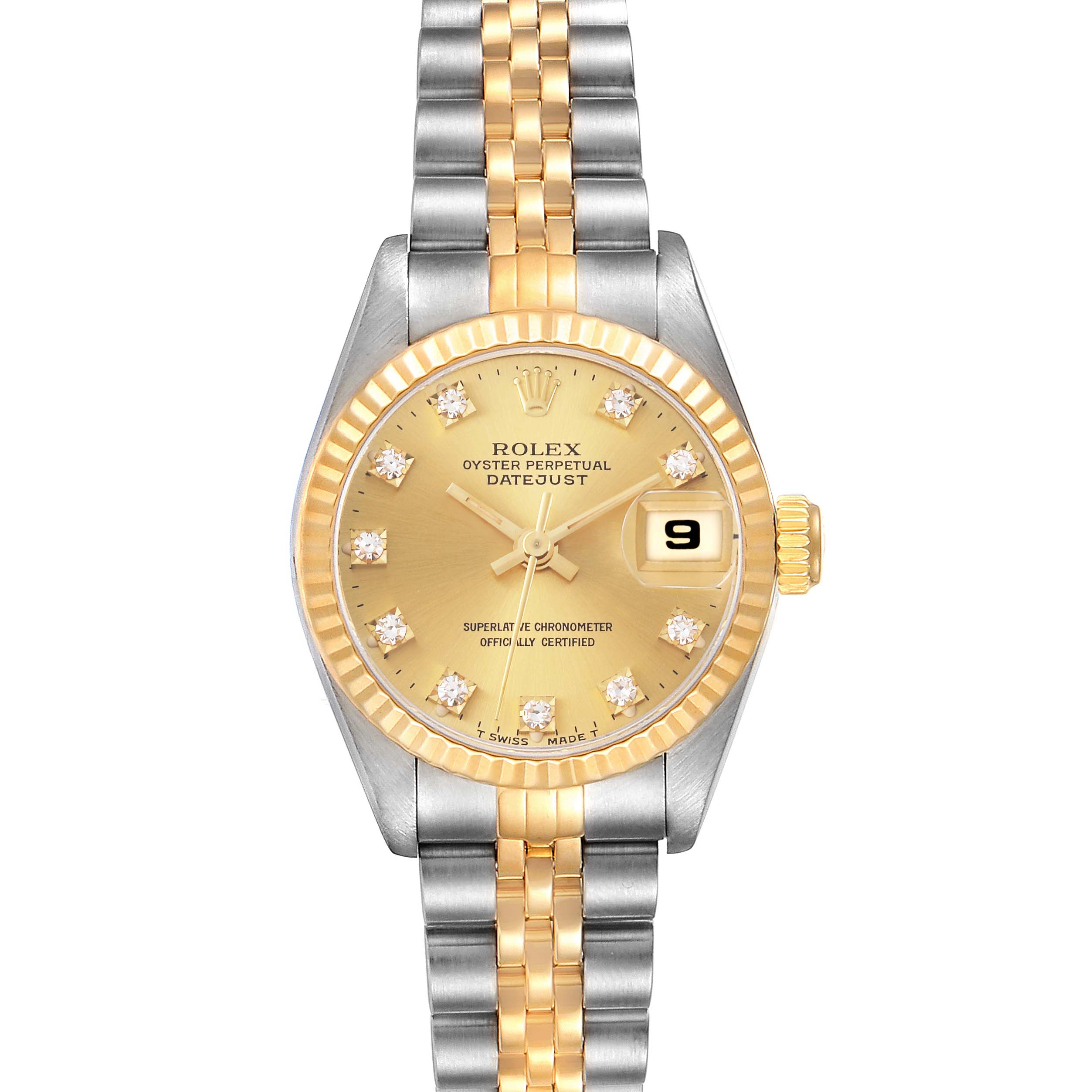 This image shows a Rolex Datejust 69173 Women's Steel and Gold (two tone) Champagne Dial 69173 Women's Steel and Gold (two tone) Champagne Dial watch from a front angle, displaying the face, bezel, and bracelet.