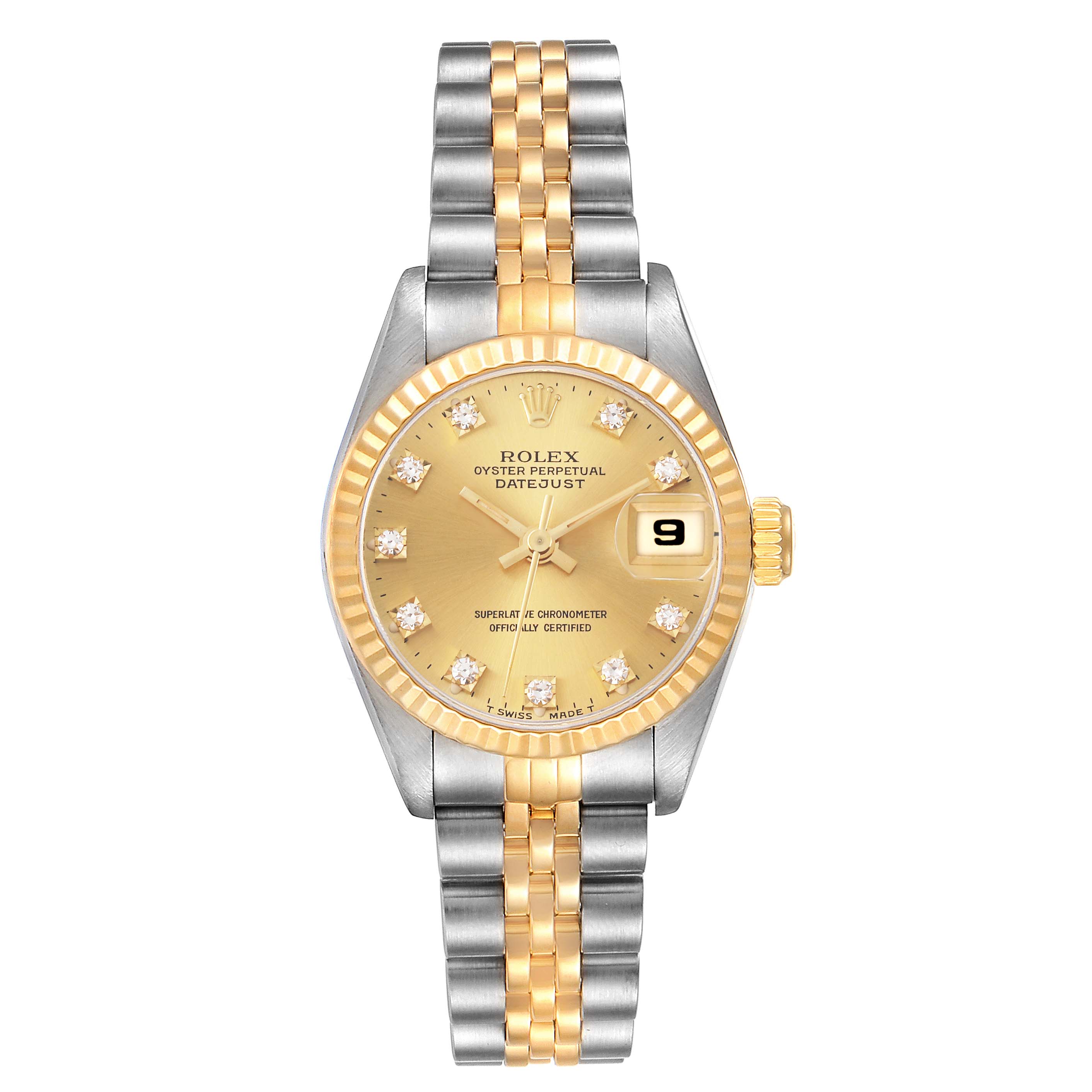 This image shows a front view of a Rolex Datejust 69173 Women's Steel and Gold (two tone) Champagne Dial 69173 Women's Steel and Gold (two tone) Champagne Dial watch, featuring a two-tone bracelet, gold dial with diamonds, and date display.