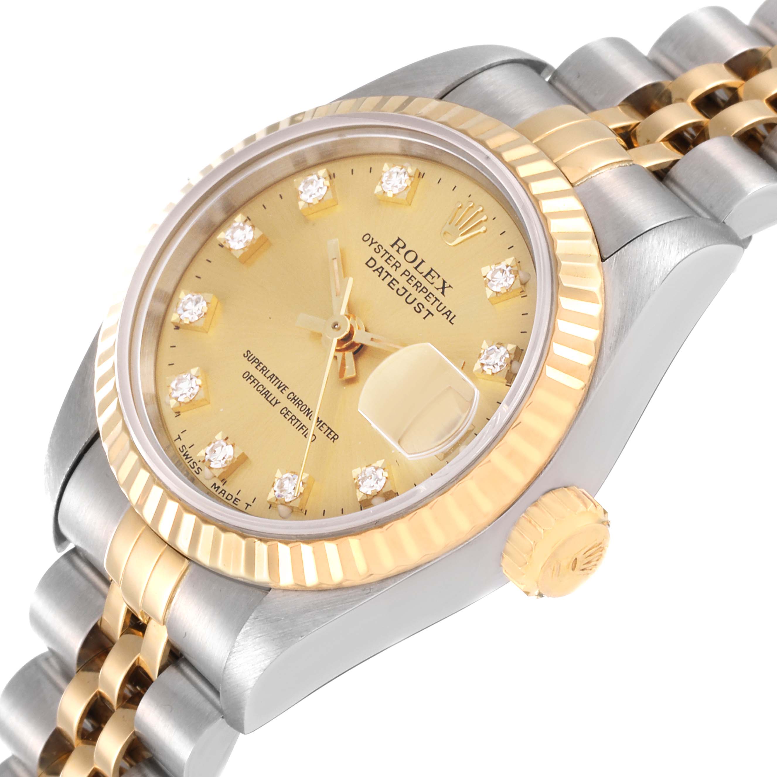 This image shows a Rolex Datejust 69173 Women's Steel and Gold (two tone) Champagne Dial 69173 Women's Steel and Gold (two tone) Champagne Dial watch at an angled view, highlighting the dial, bezel, crown, and two-tone bracelet.