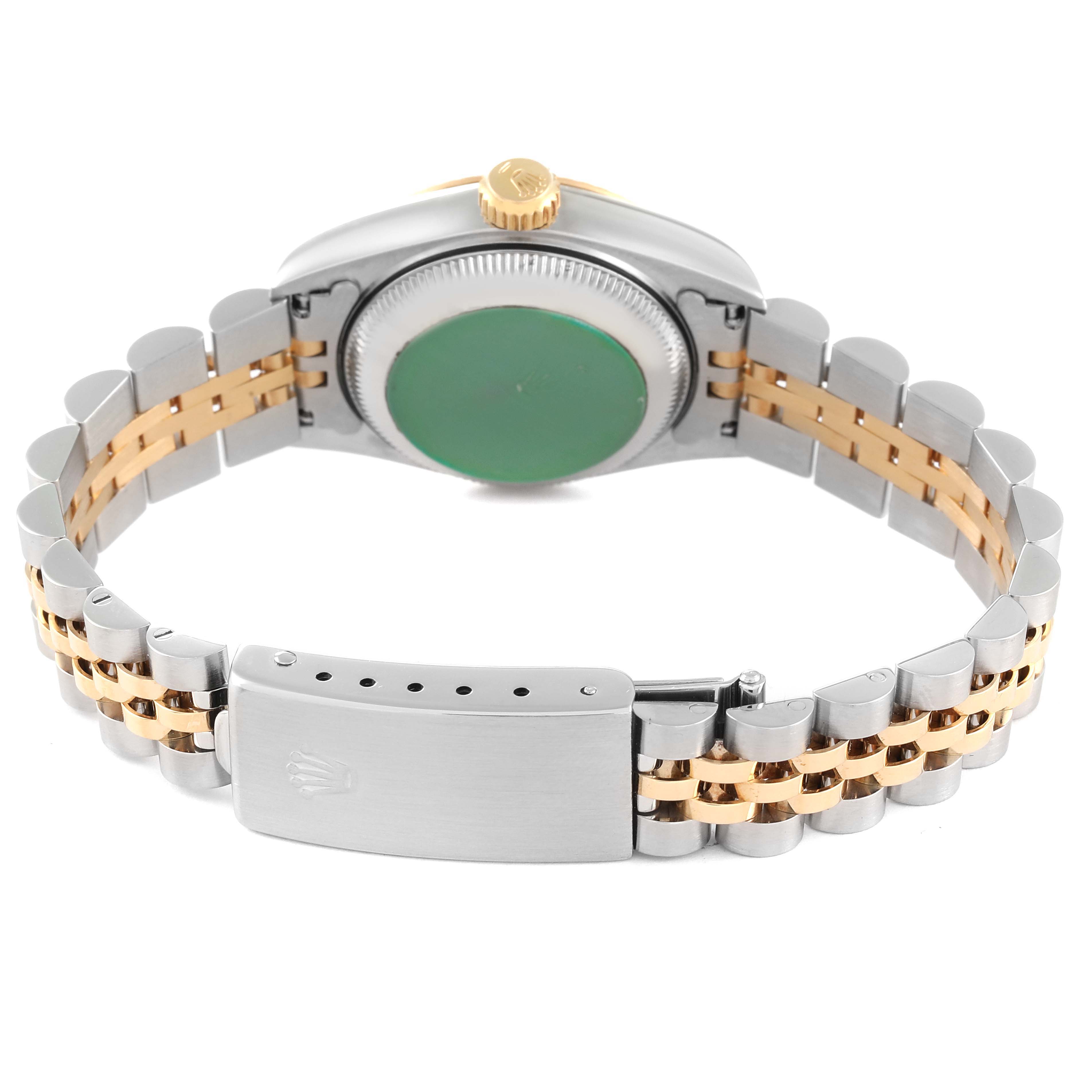 This image shows the back of the Rolex Datejust 69173 Women's Steel and Gold (two tone) Champagne Dial 69173 Women's Steel and Gold (two tone) Champagne Dial watch and its two-tone bracelet, highlighting the clasp and case back.