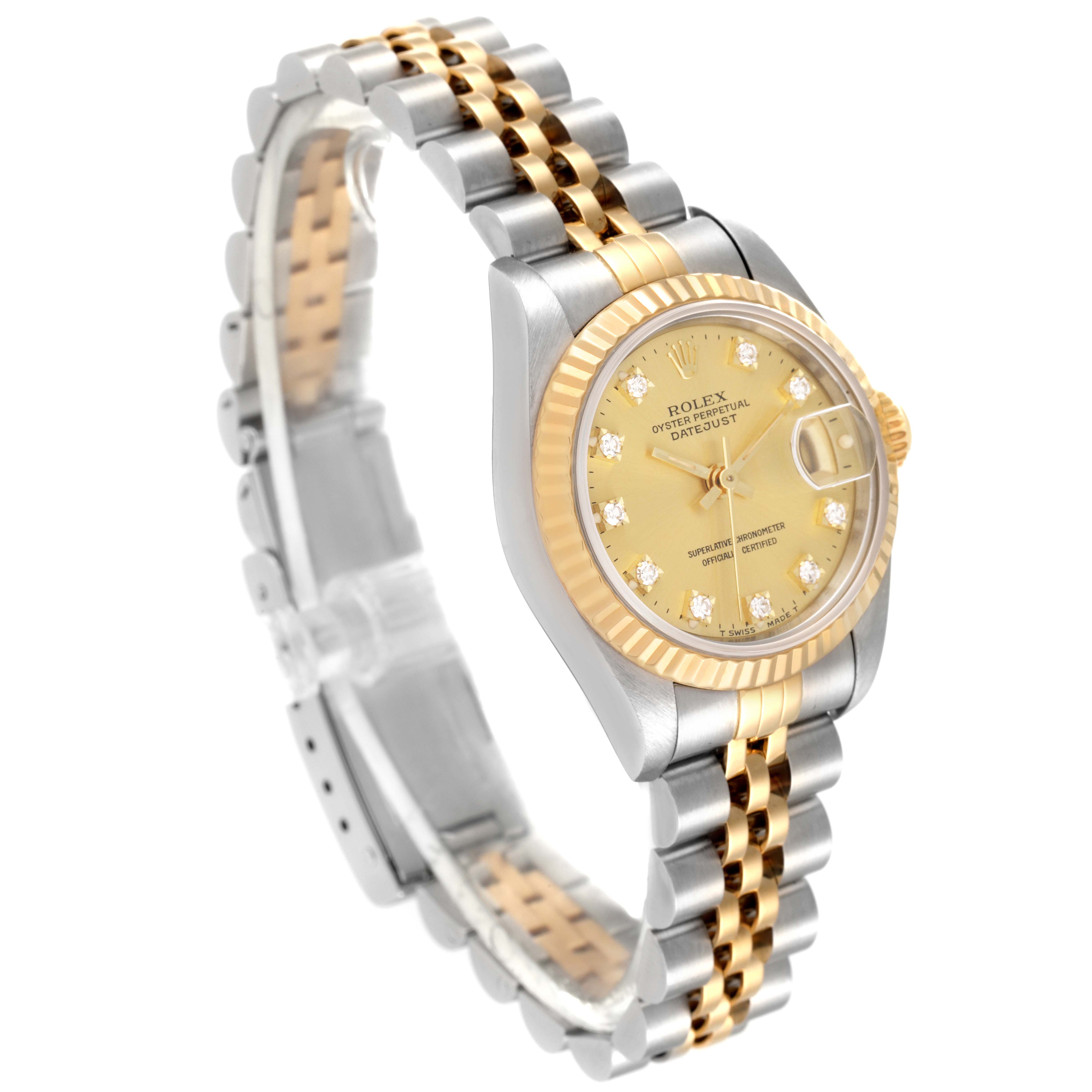 This image shows a Rolex Datejust 69173 Women's Steel and Gold (two tone) Champagne Dial 69173 Women's Steel and Gold (two tone) Champagne Dial watch at an angled view, highlighting its dial, bezel, and two-tone bracelet.