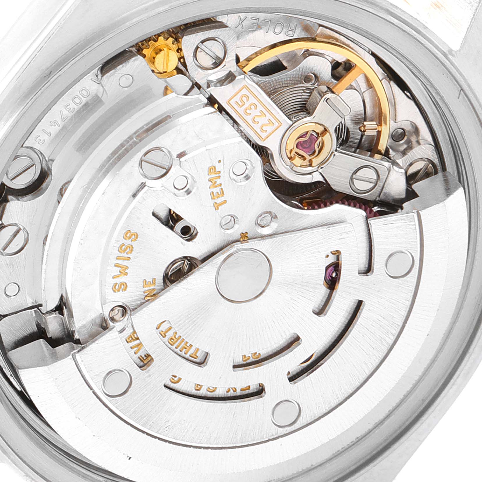 The image shows a close-up view of the movement mechanism of the Rolex Datejust 79173 Women's Steel and Gold (two tone) Champagne Dial 79173 Women's Steel and Gold (two tone) Champagne Dial watch.