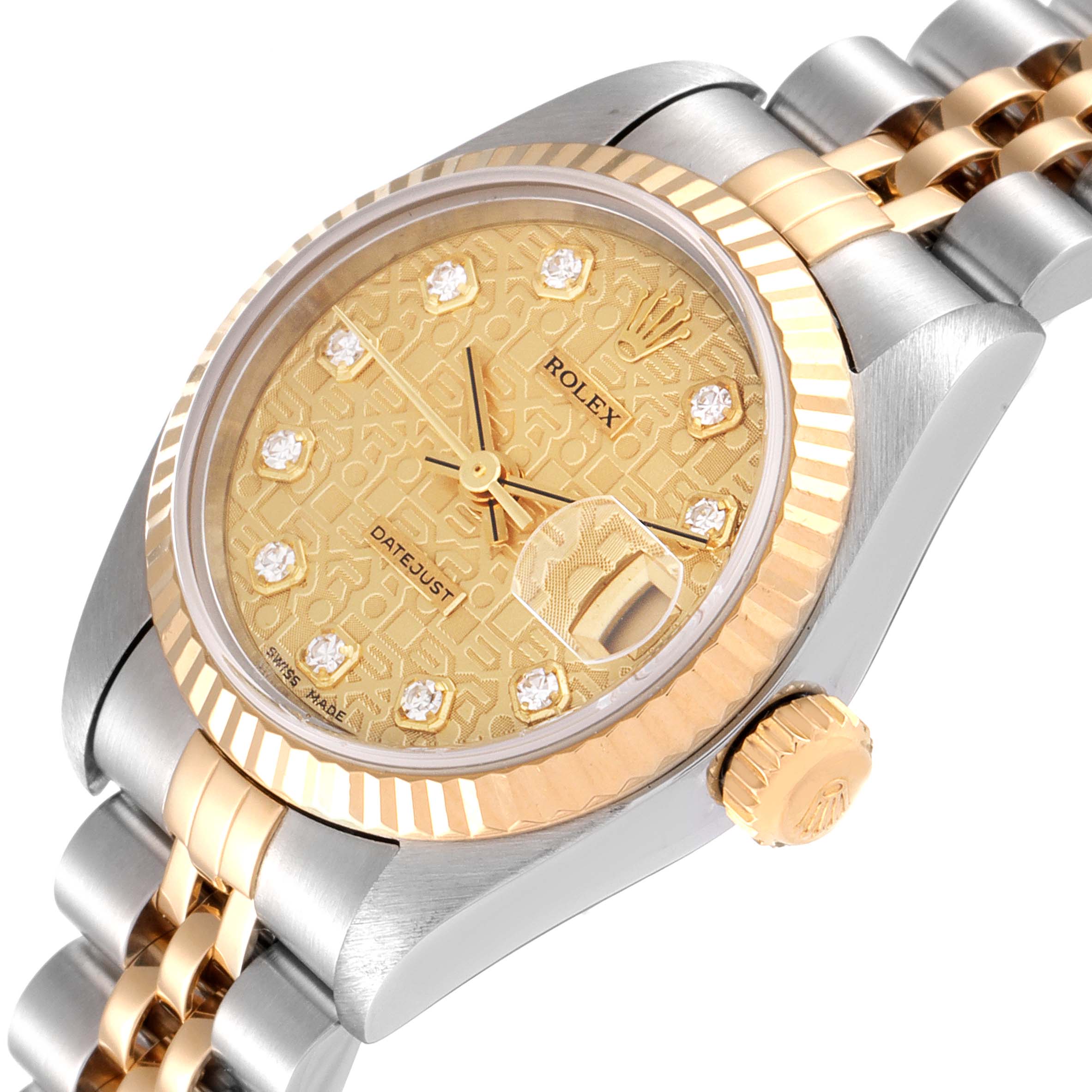 The image shows a close-up angle of a Rolex Datejust 79173 Women's Steel and Gold (two tone) Champagne Dial 79173 Women's Steel and Gold (two tone) Champagne Dial watch, highlighting the dial, bezel, and part of the bracelet.