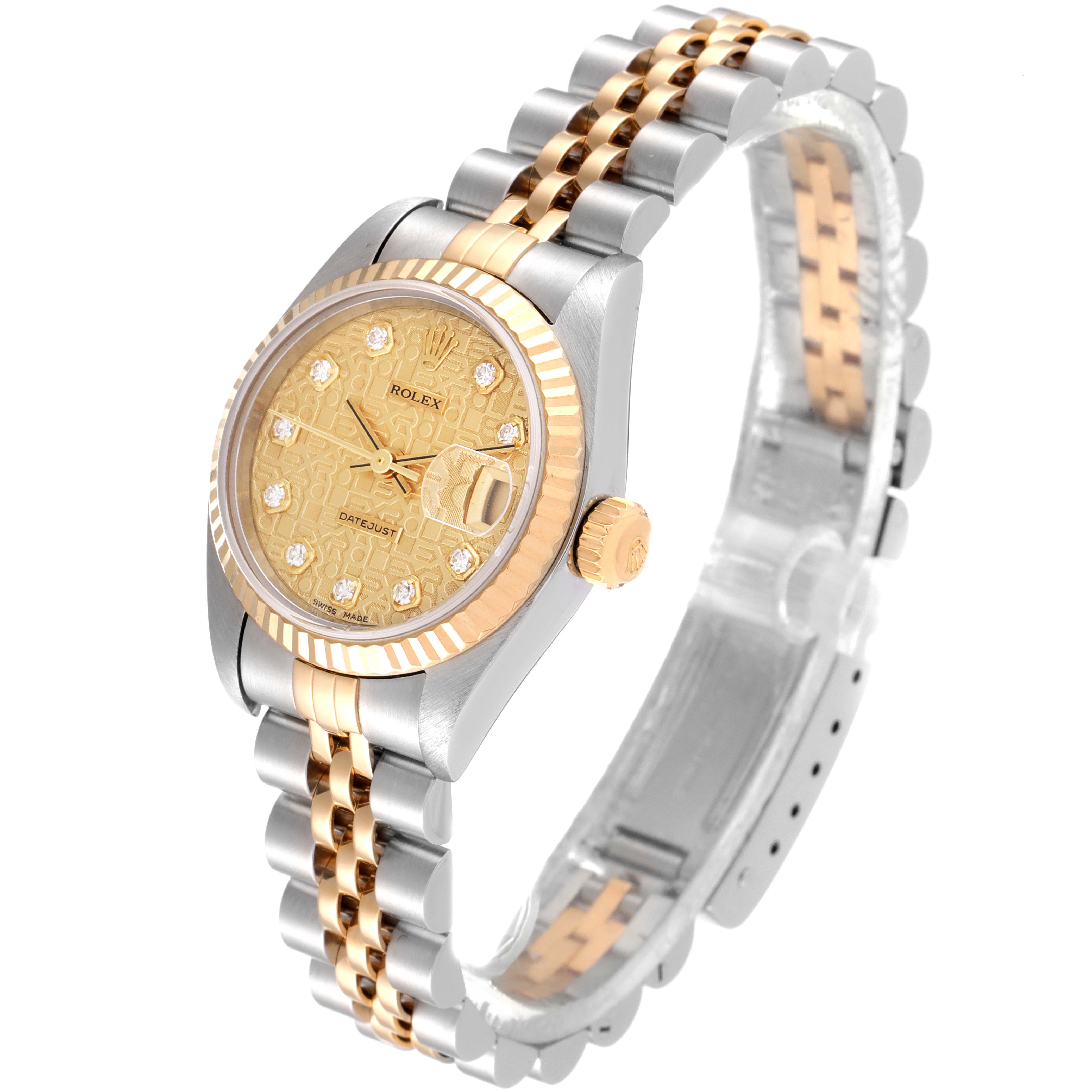 The Rolex Datejust 79173 Women's Steel and Gold (two tone) Champagne Dial 79173 Women's Steel and Gold (two tone) Champagne Dial watch is shown at a slight angle, displaying the face, case, crown, and two-tone bracelet.