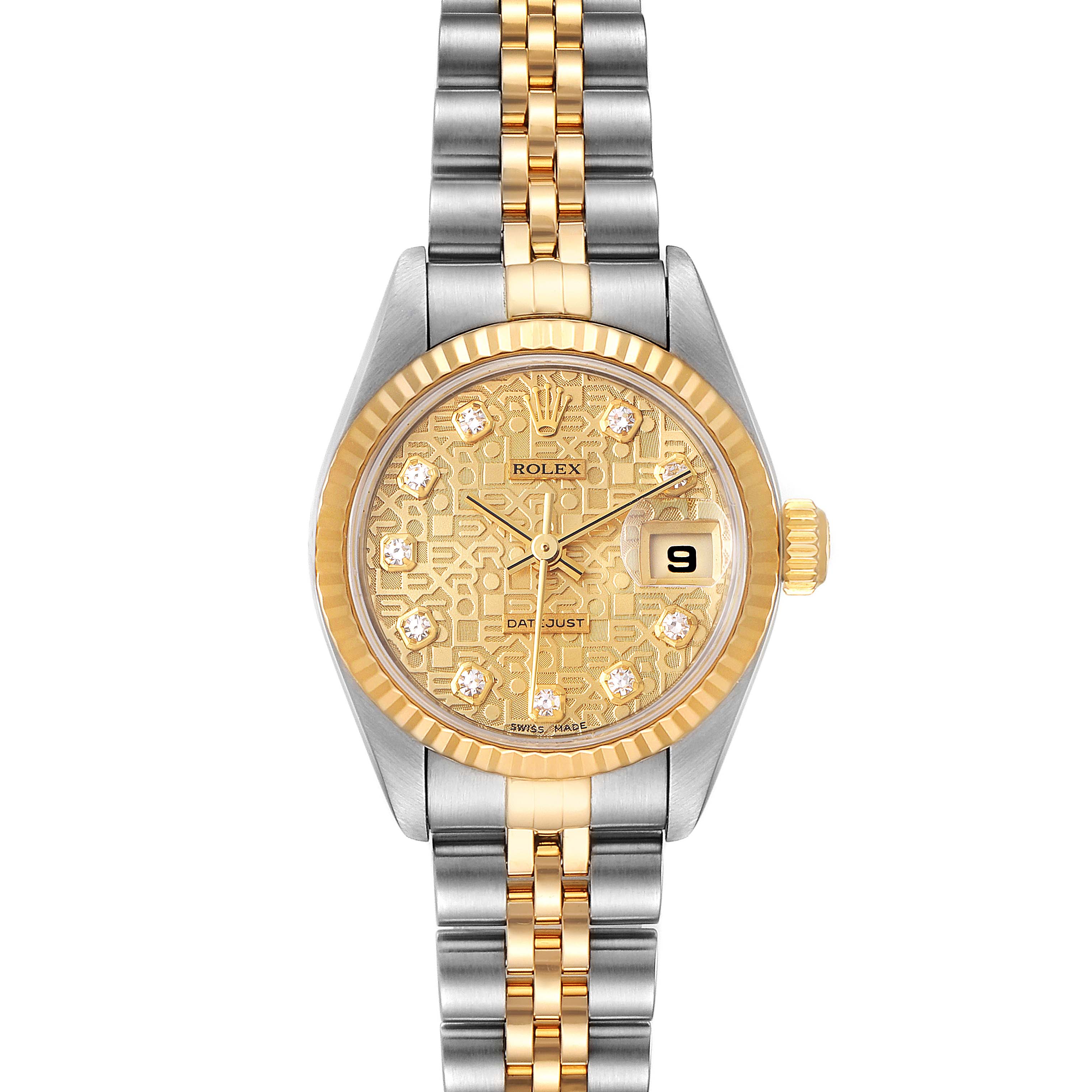 The image shows a front view of a Rolex Datejust 79173 Women's Steel and Gold (two tone) Champagne Dial 79173 Women's Steel and Gold (two tone) Champagne Dial watch, featuring a gold and silver bracelet and a gold dial.