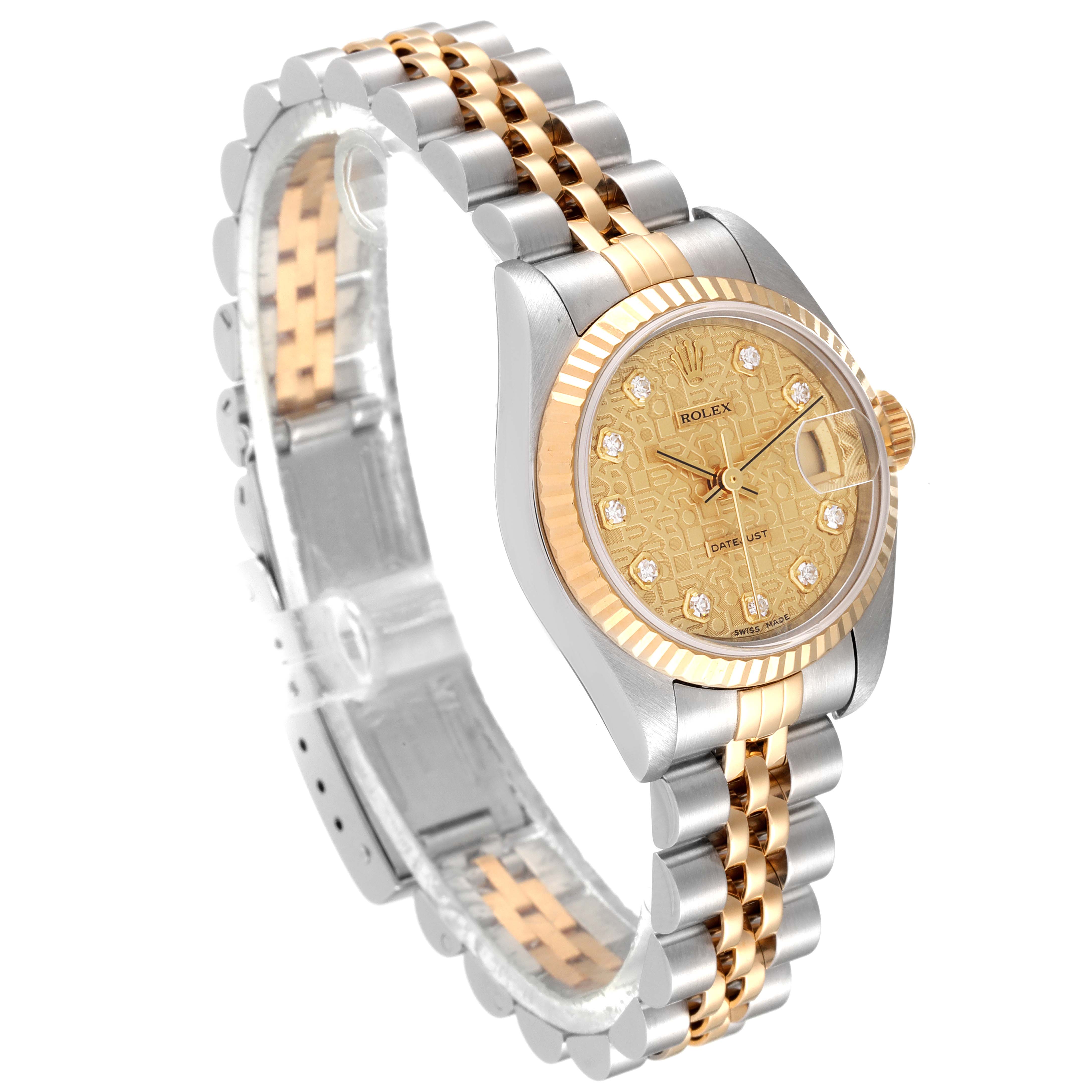 The image shows a Rolex Datejust 79173 Women's Steel and Gold (two tone) Champagne Dial 79173 Women's Steel and Gold (two tone) Champagne Dial watch at a three-quarter angle, highlighting its two-tone bracelet and gold dial.