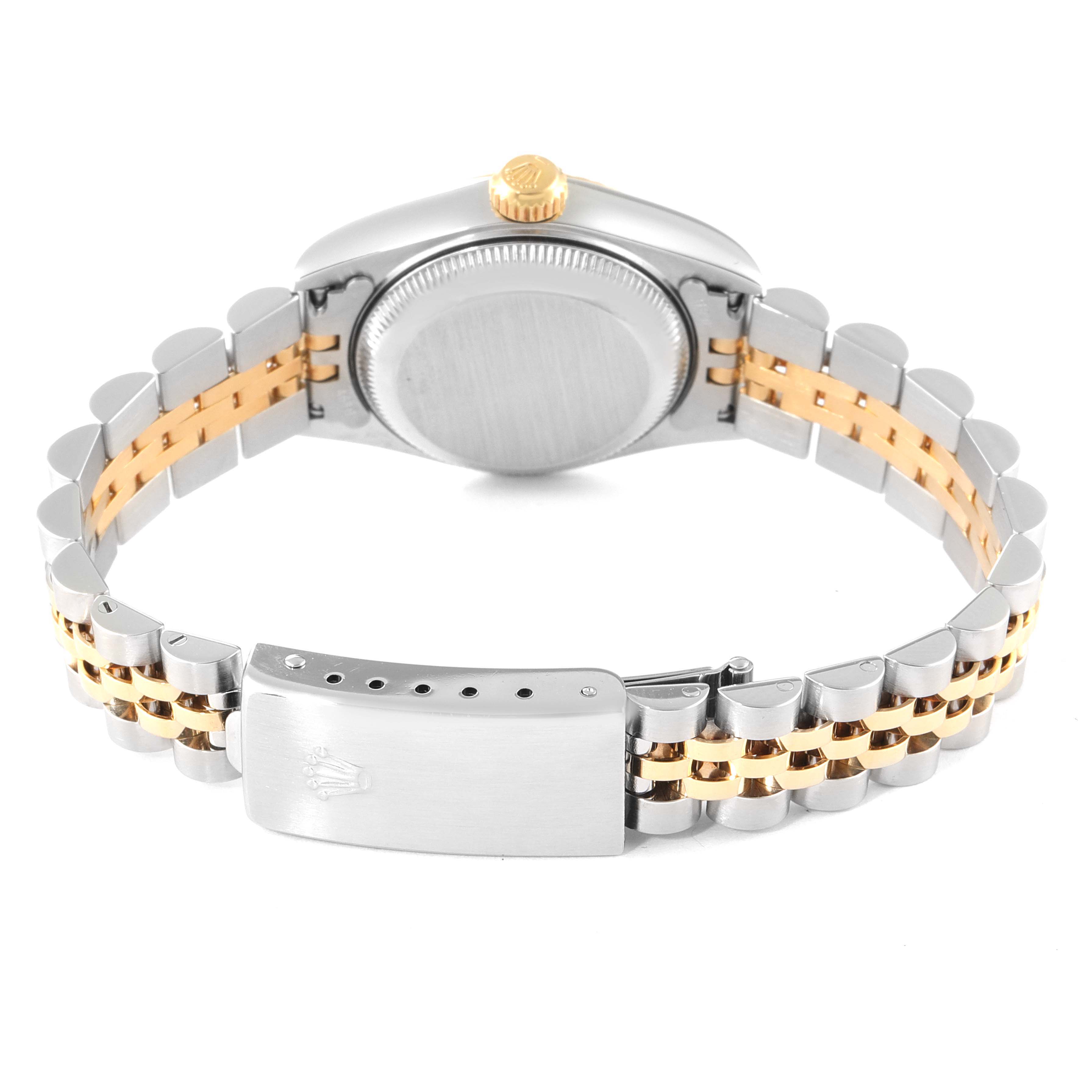 The image shows the back view of a Rolex Datejust 79173 Women's Steel and Gold (two tone) Champagne Dial 79173 Women's Steel and Gold (two tone) Champagne Dial watch, highlighting its clasp, bracelet, and caseback.