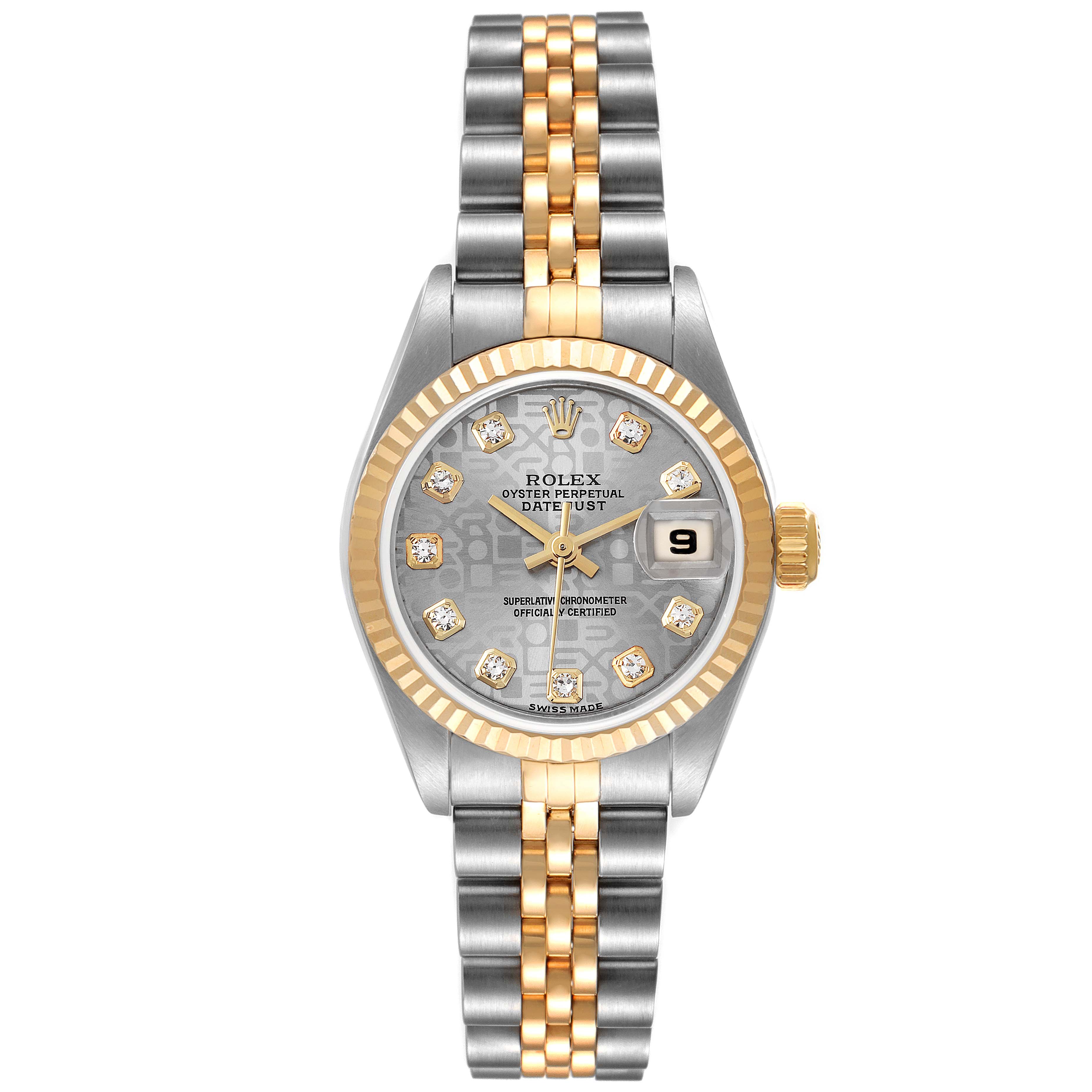 The image shows a front angle of a Rolex Datejust 79173 Women's Steel and Gold (two tone) Grey Dial 79173 Women's Steel and Gold (two tone) Grey Dial watch, highlighting its face, bezel, and bracelet.