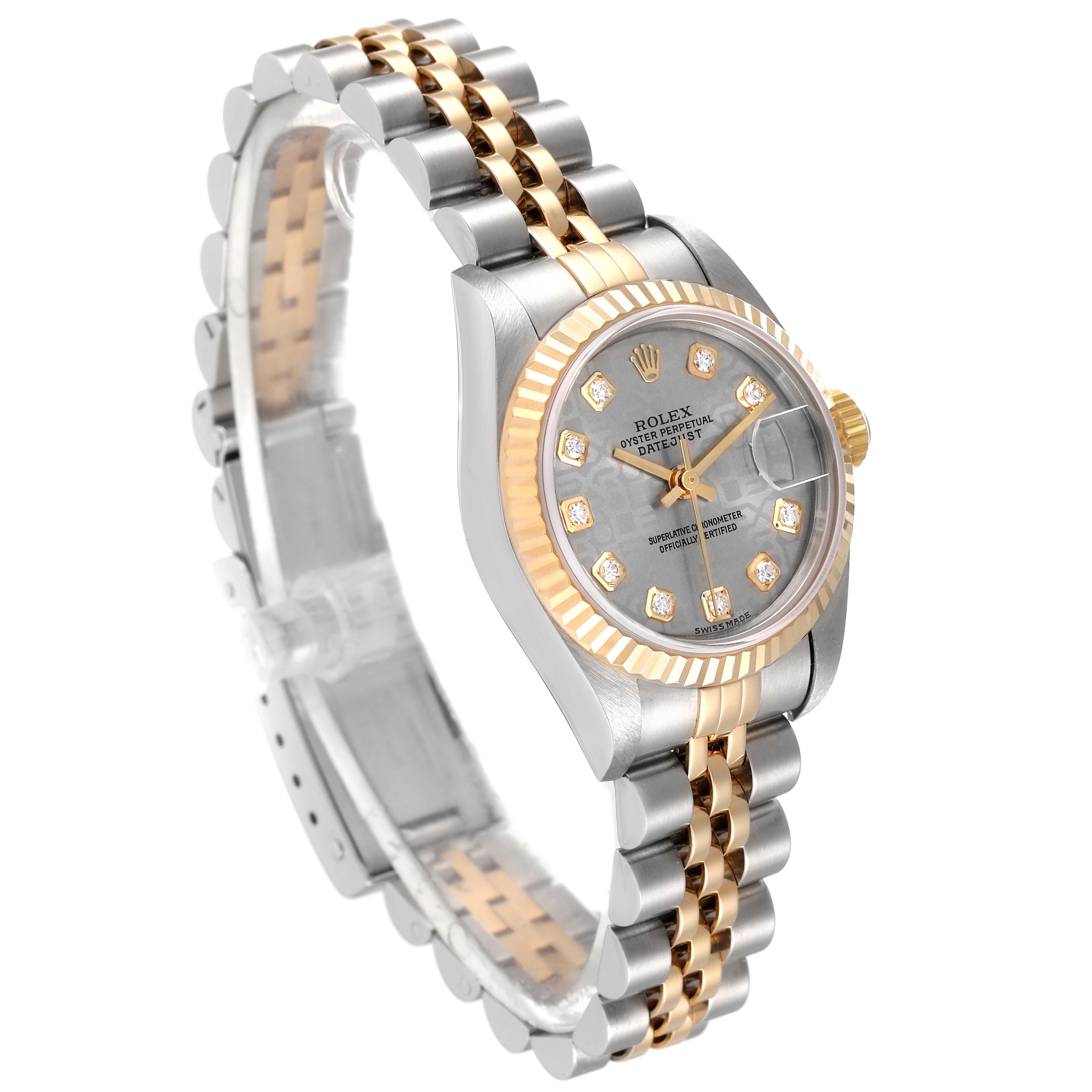 The image shows the front and side angles of a Rolex Datejust 79173 Women's Steel and Gold (two tone) Grey Dial 79173 Women's Steel and Gold (two tone) Grey Dial watch, highlighting its dial, bezel, and two-tone bracelet.