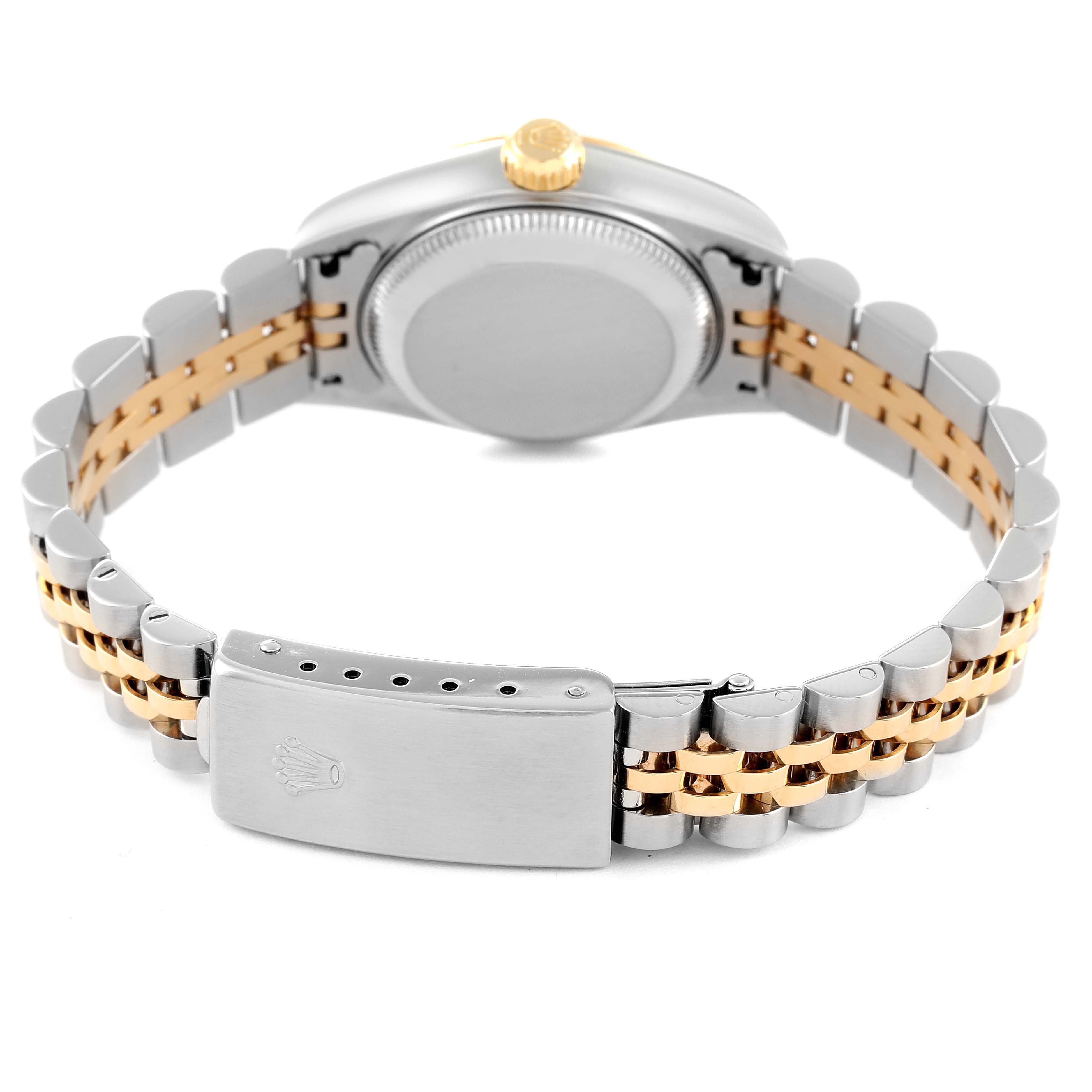 This image shows the back view of the Rolex Datejust 79173 Women's Steel and Gold (two tone) Grey Dial 79173 Women's Steel and Gold (two tone) Grey Dial model, highlighting the clasp and bracelet.