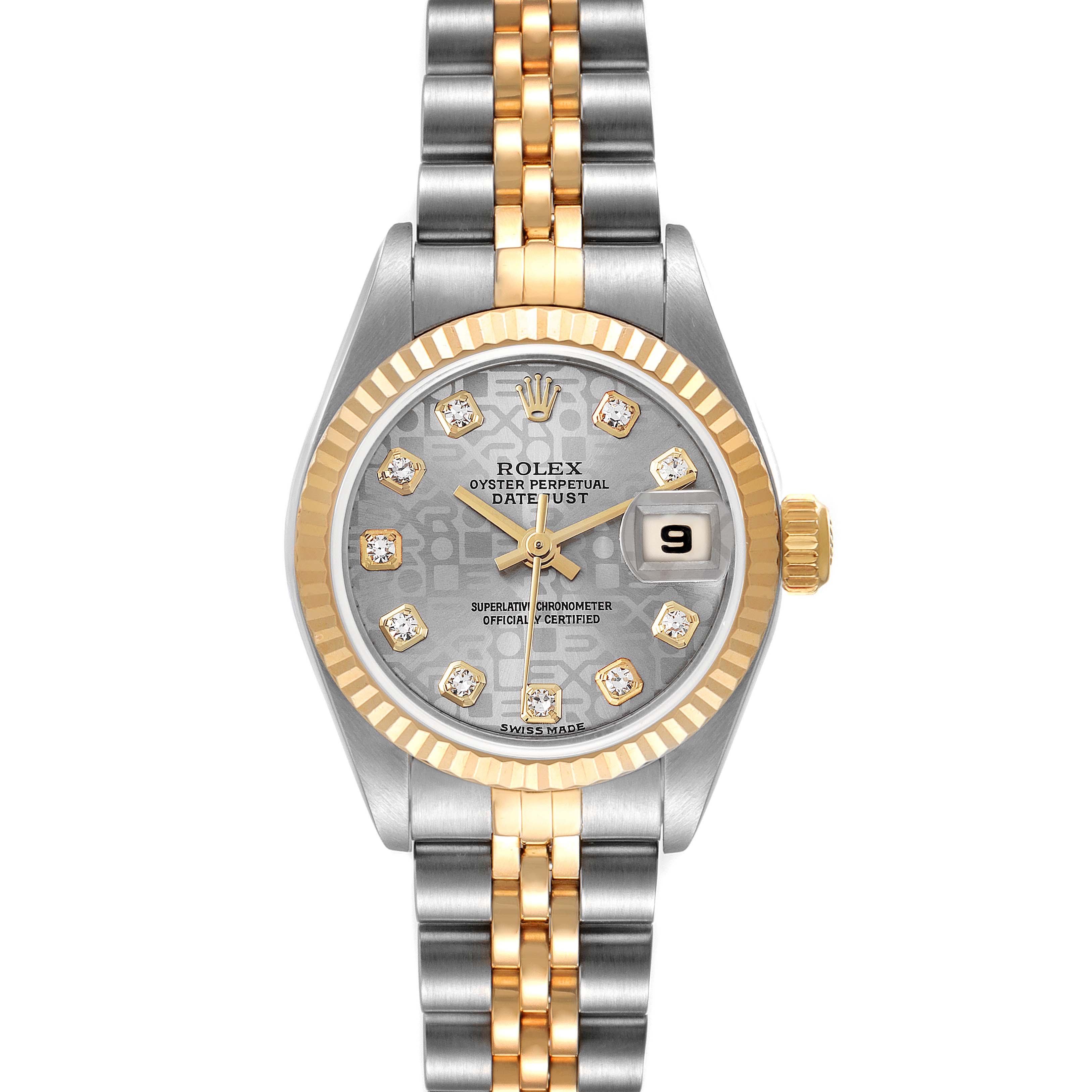 The image shows a Rolex Datejust 79173 Women's Steel and Gold (two tone) Grey Dial 79173 Women's Steel and Gold (two tone) Grey Dial watch from the front, highlighting its dial, bezel, and two-tone jubilee bracelet.