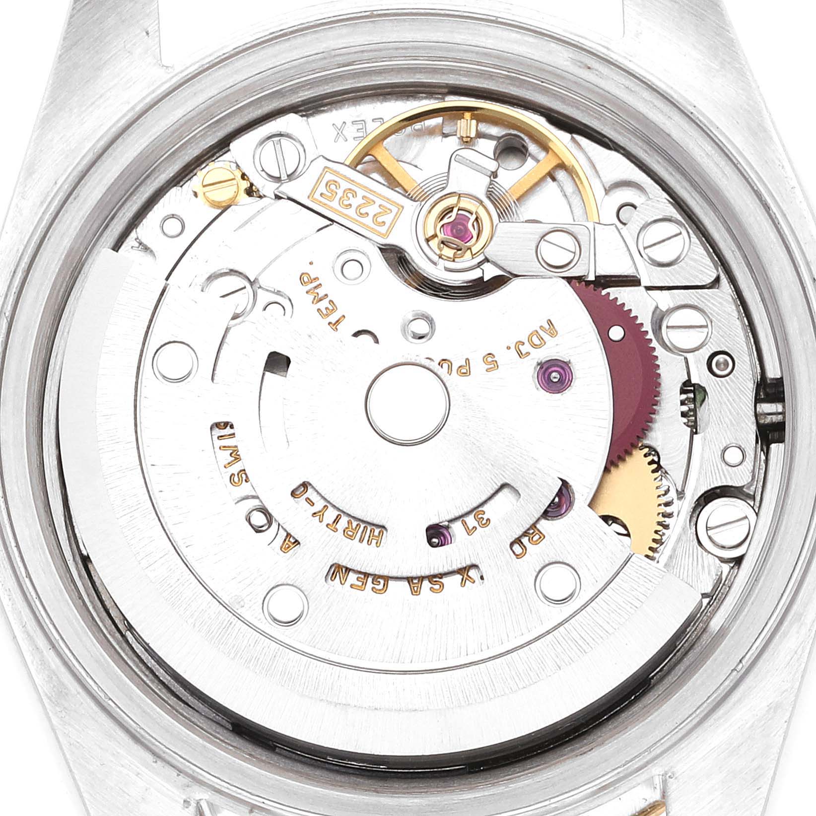 The image shows the internal movement mechanism of a Rolex Datejust 79173 Women's Steel and Gold (two tone) Grey Dial 79173 Women's Steel and Gold (two tone) Grey Dial watch from a top-down angle.