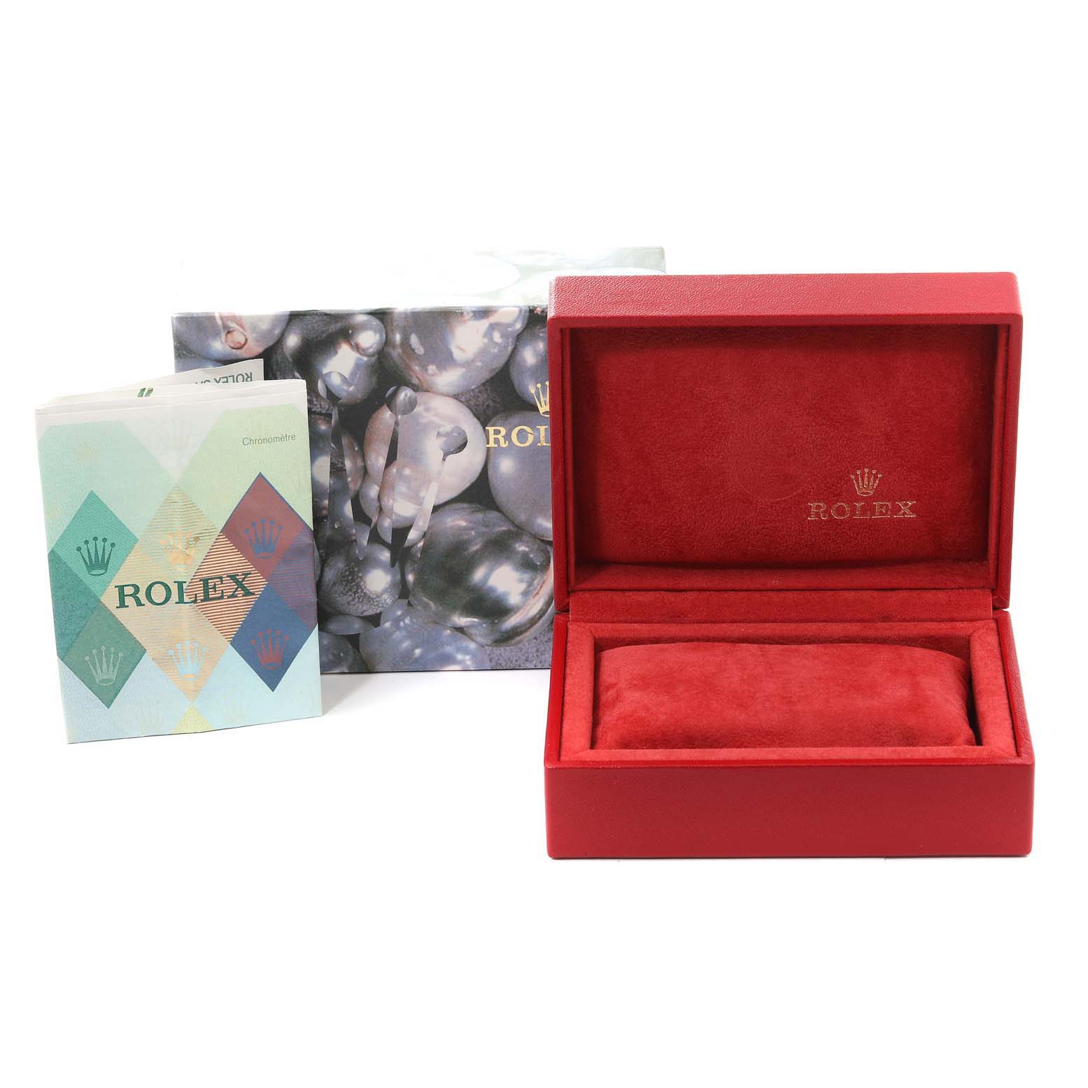 The image shows a Rolex Datejust 79173 Women's Steel and Gold (two tone) Grey Dial 79173 Women's Steel and Gold (two tone) Grey Dial watch box, including an outer box, an instruction booklet, and a red velvet-lined inner box.