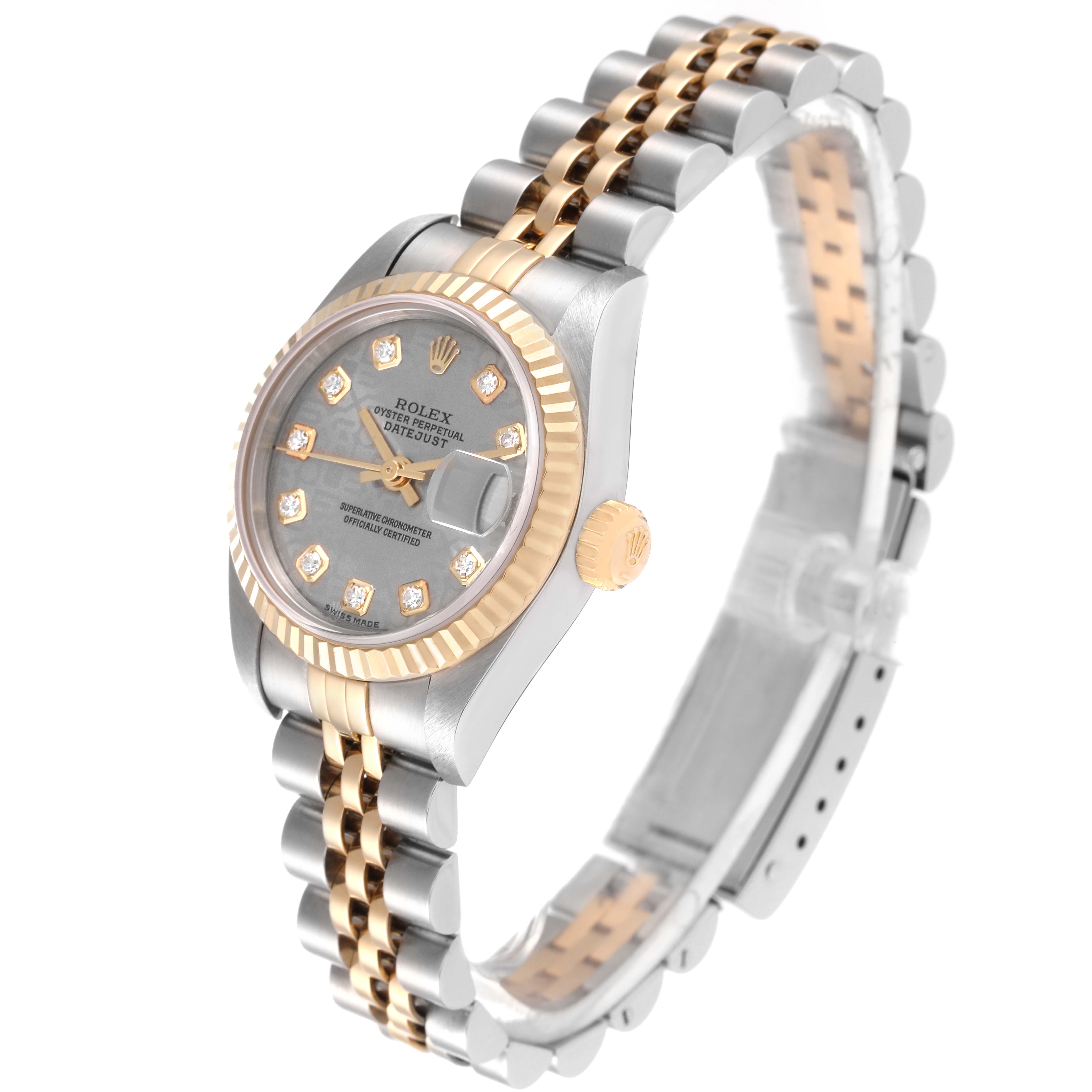 The image shows a Rolex Datejust 79173 Women's Steel and Gold (two tone) Grey Dial 79173 Women's Steel and Gold (two tone) Grey Dial watch at a three-quarter angle, highlighting the face, bezel, and two-tone bracelet.