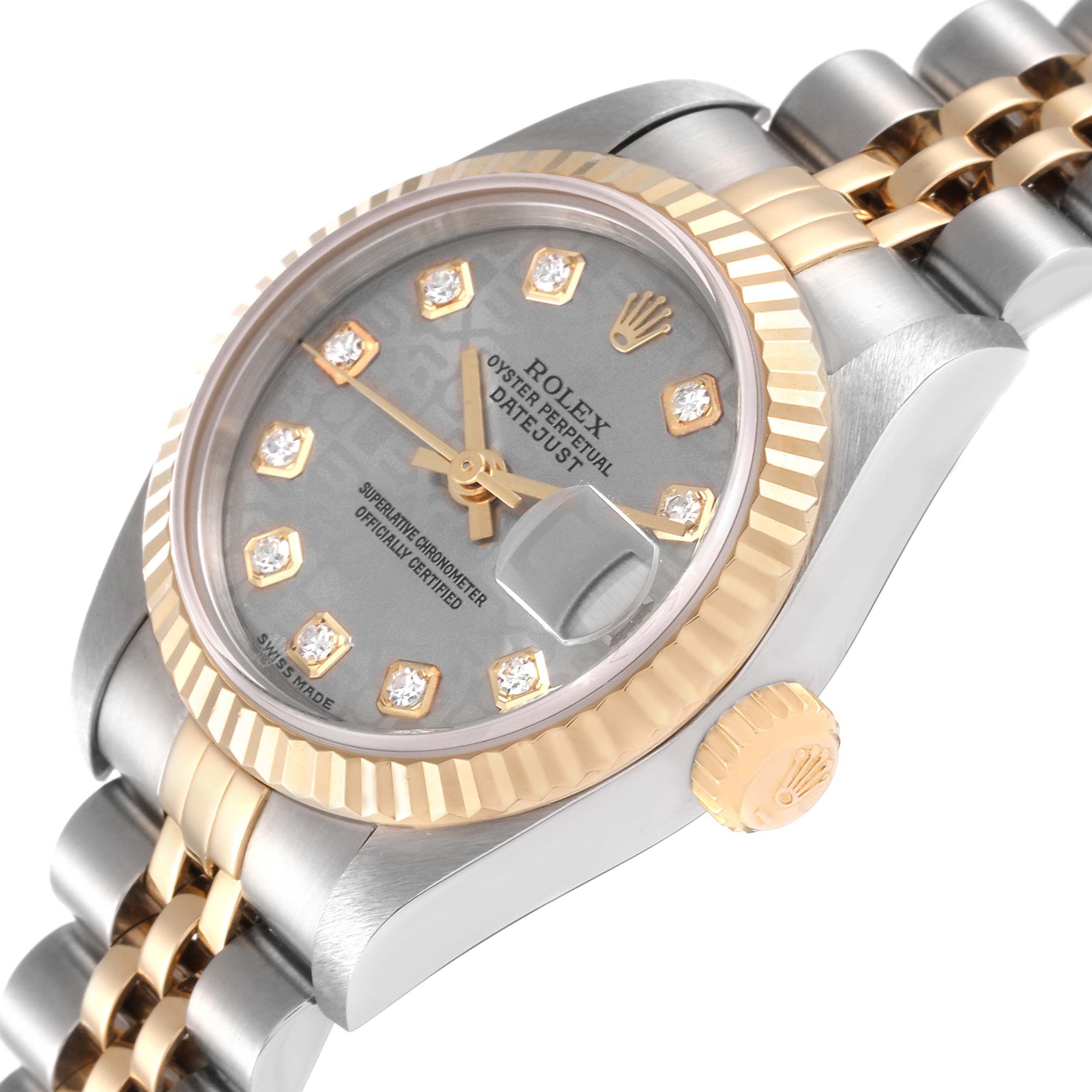 This image shows a close-up angle of the Rolex Datejust 79173 Women's Steel and Gold (two tone) Grey Dial 79173 Women's Steel and Gold (two tone) Grey Dial watch, highlighting its dial, bezel, crown, and a portion of the bracelet.
