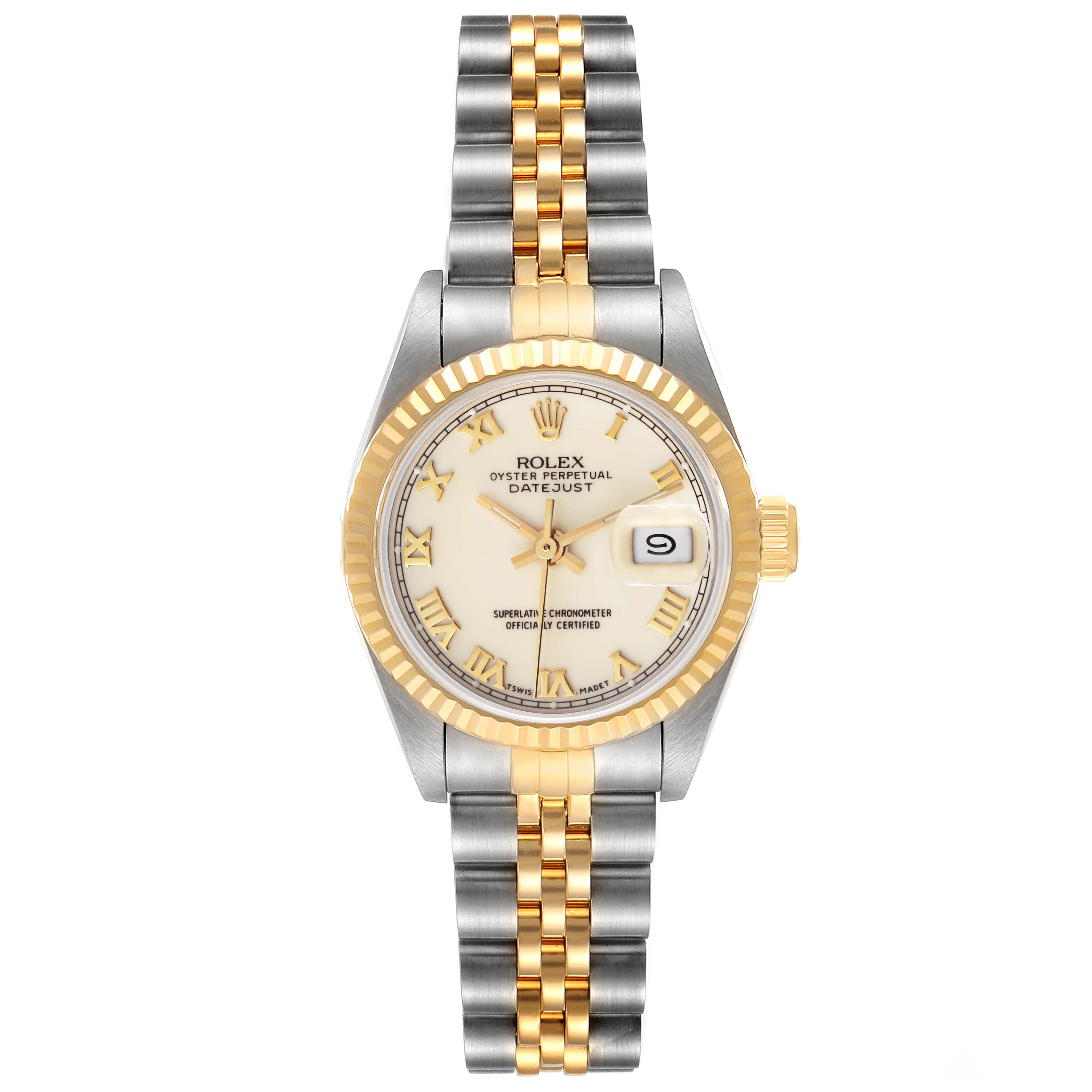 The image shows a front view of a Rolex Datejust 69173 Women's Steel and Gold (two tone) Beige Dial 69173 Women's Steel and Gold (two tone) Beige Dial watch, highlighting the bracelet, bezel, dial, and date window.