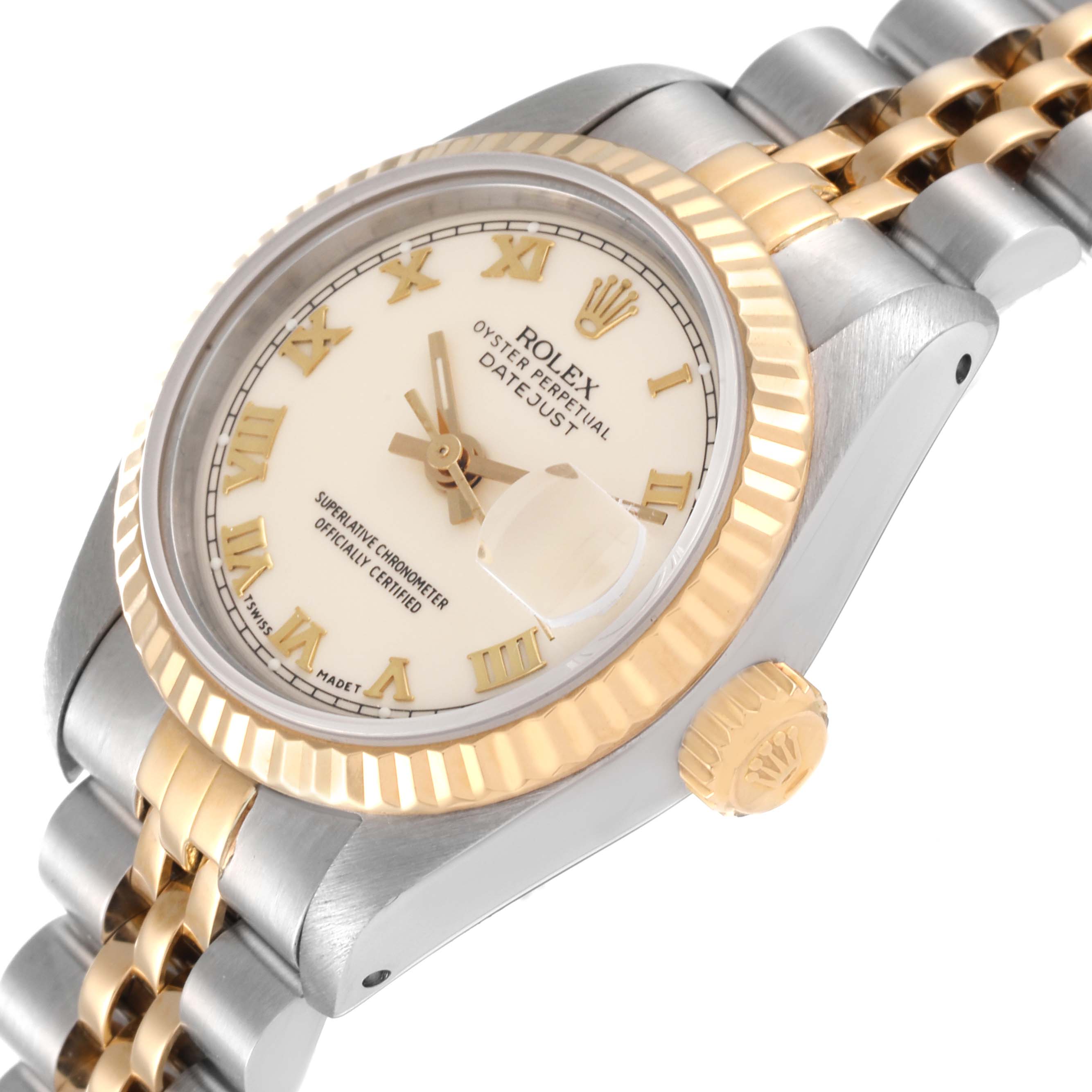 The Rolex Datejust 69173 Women's Steel and Gold (two tone) Beige Dial 69173 Women's Steel and Gold (two tone) Beige Dial watch is shown at an angled close-up, highlighting its dial, crown, bezel, and part of the bracelet.