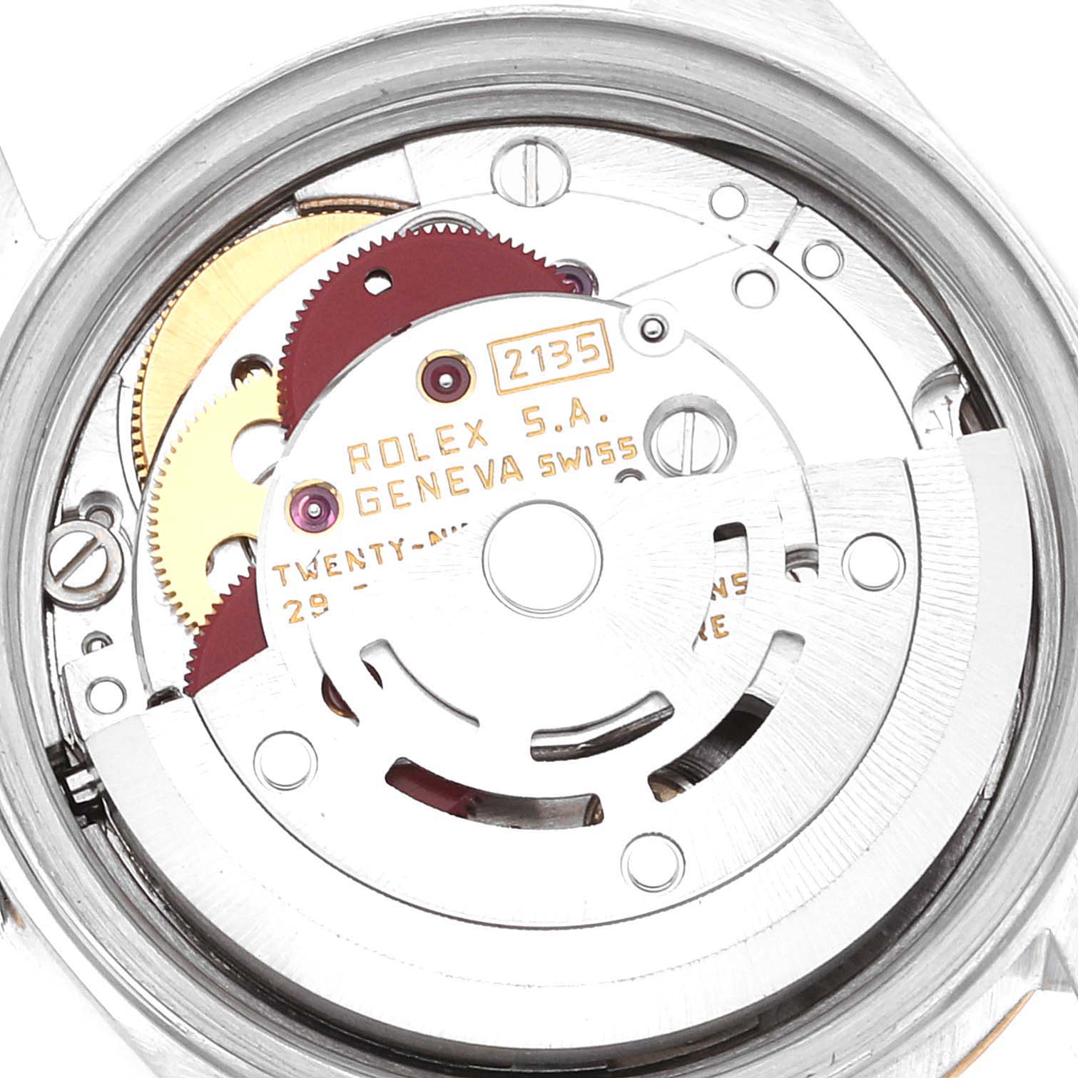 The image shows the movement mechanism of a Rolex Datejust 69173 Women's Steel and Gold (two tone) Beige Dial 69173 Women's Steel and Gold (two tone) Beige Dial watch from an inner perspective angle.