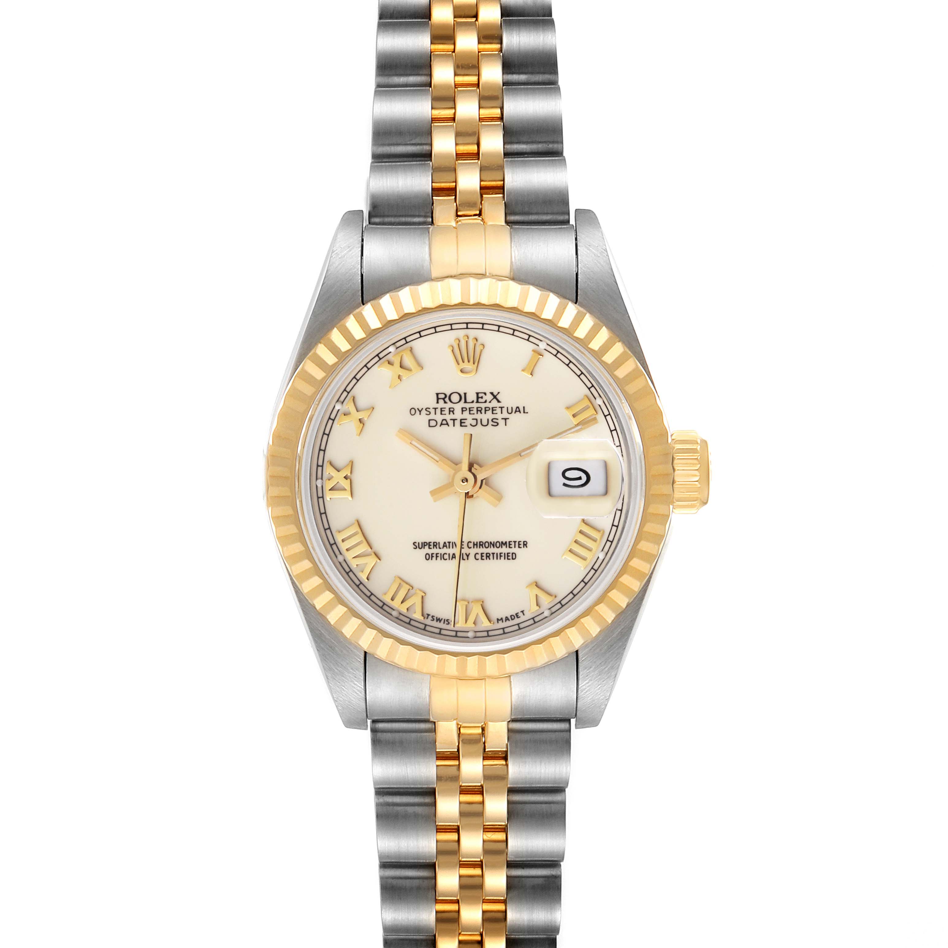 The Rolex Datejust 69173 Women's Steel and Gold (two tone) Beige Dial 69173 Women's Steel and Gold (two tone) Beige Dial watch is shown from a front angle, displaying its dial, bezel, and bi-metal bracelet.