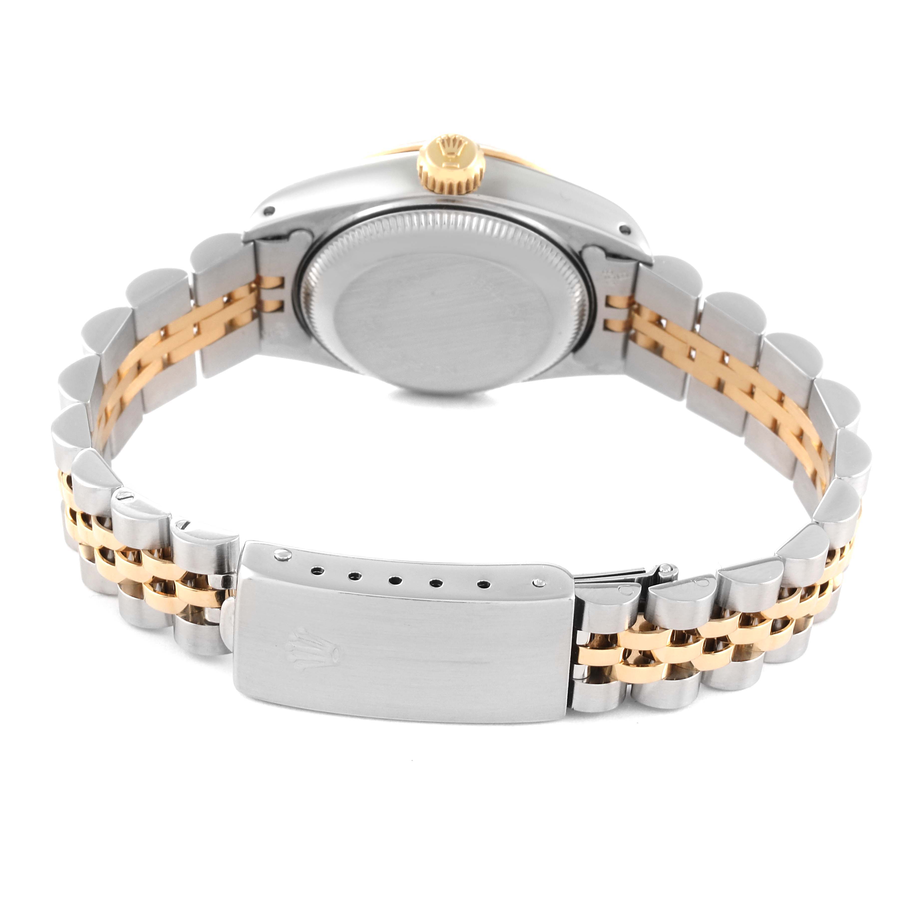 This image shows the back and bracelet of a Rolex Datejust 69173 Women's Steel and Gold (two tone) Beige Dial 69173 Women's Steel and Gold (two tone) Beige Dial watch, highlighting its stainless steel and gold Jubilee bracelet.