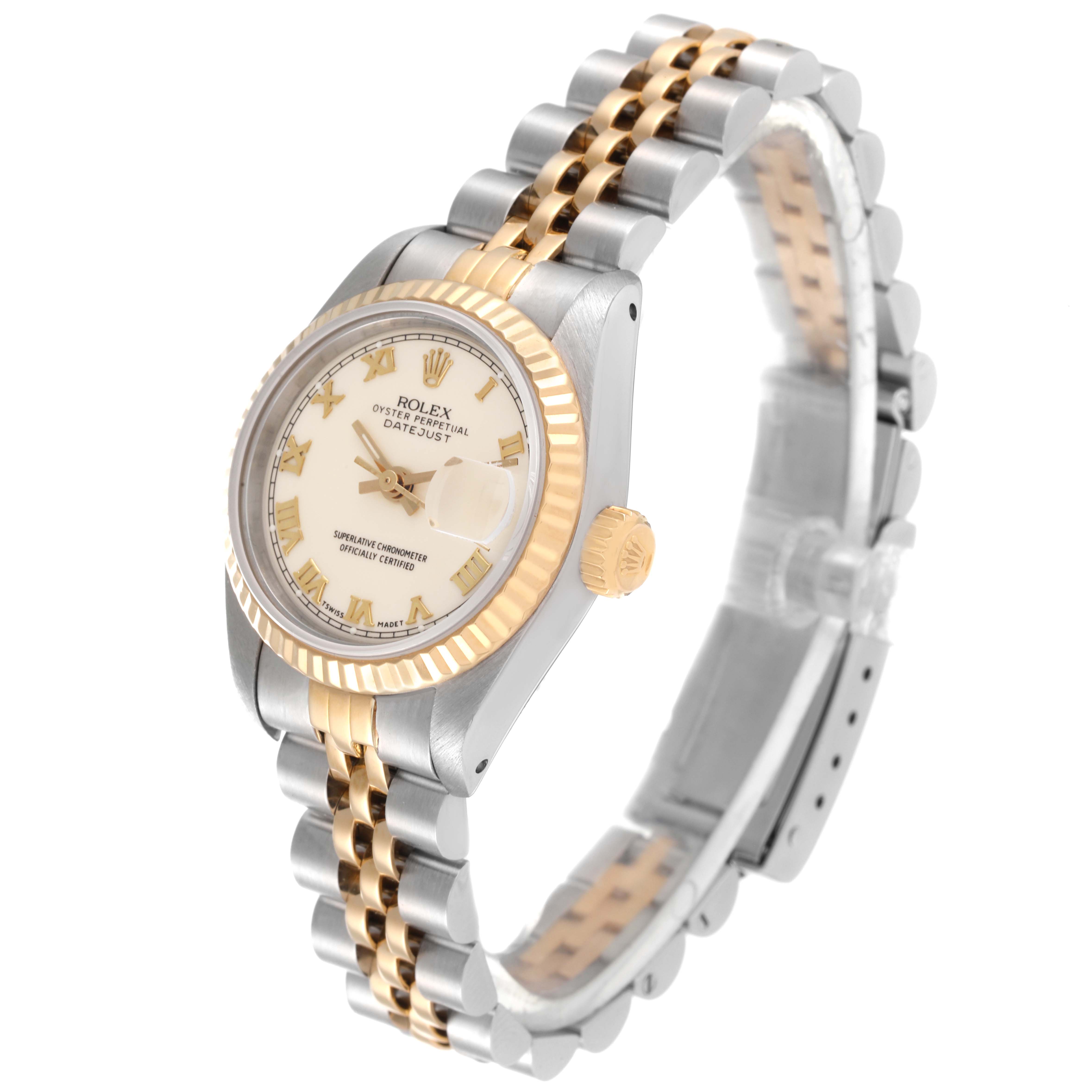 This Rolex Datejust 69173 Women's Steel and Gold (two tone) Beige Dial 69173 Women's Steel and Gold (two tone) Beige Dial watch is shown at a slight angle, displaying its gold and silver bracelet, fluted bezel, and white dial.