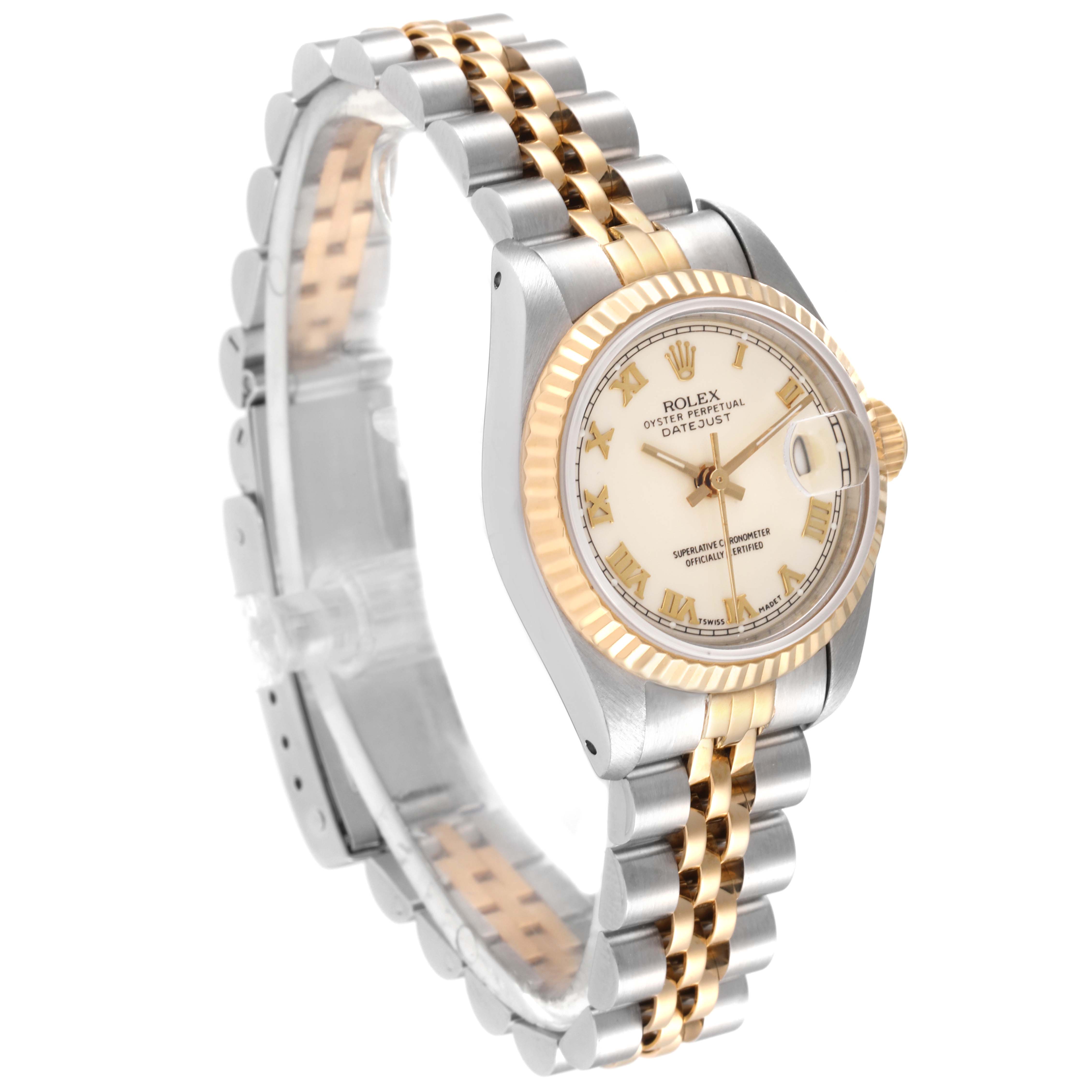 The image shows a Rolex Datejust 69173 Women's Steel and Gold (two tone) Beige Dial 69173 Women's Steel and Gold (two tone) Beige Dial watch at a three-quarter angle, highlighting the face, bezel, case, and bracelet.