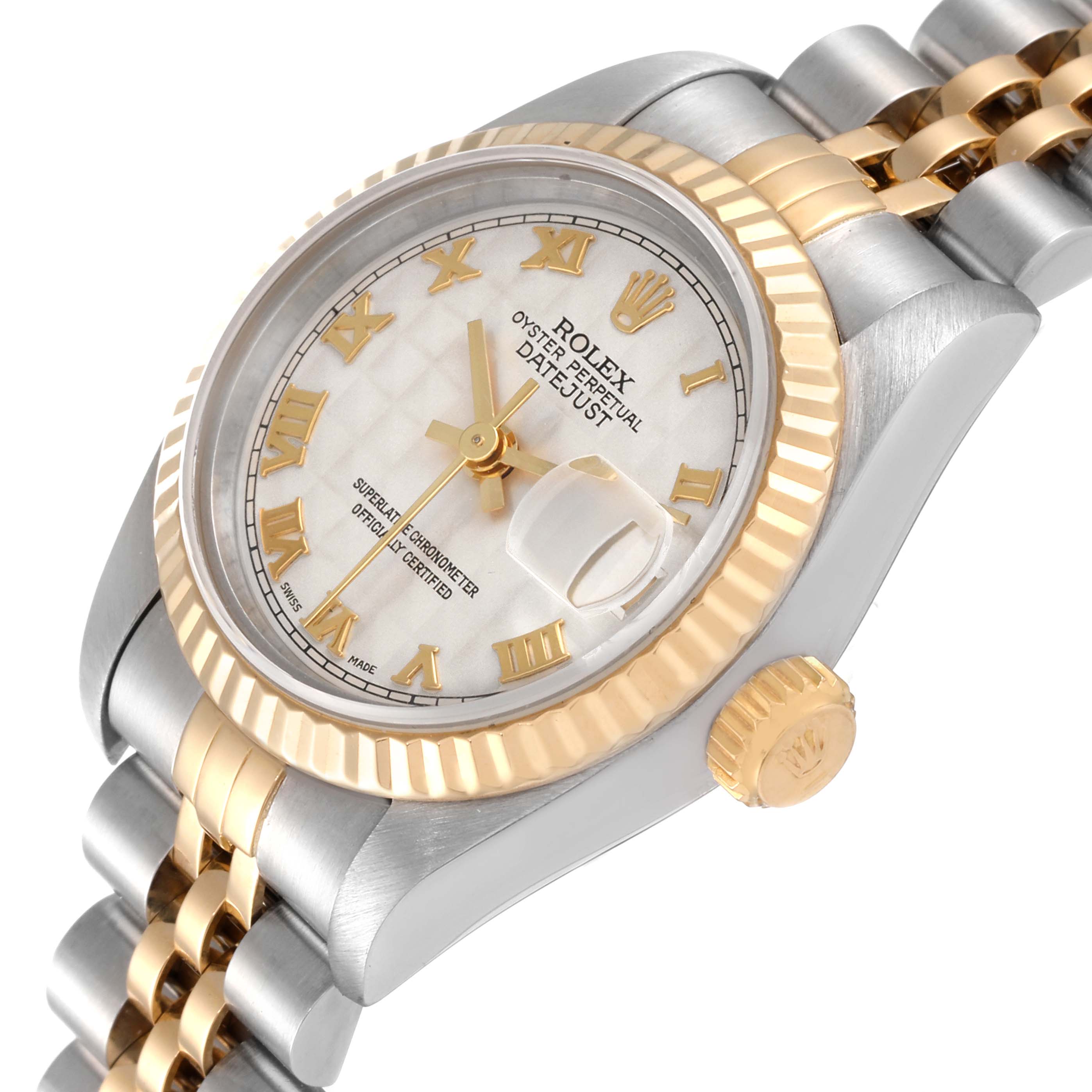 The image shows a side angle of a Rolex Datejust 69173 Women's Steel and Gold (two tone) Beige Dial 69173 Women's Steel and Gold (two tone) Beige Dial watch, highlighting the bezel, crown, and part of the bracelet.