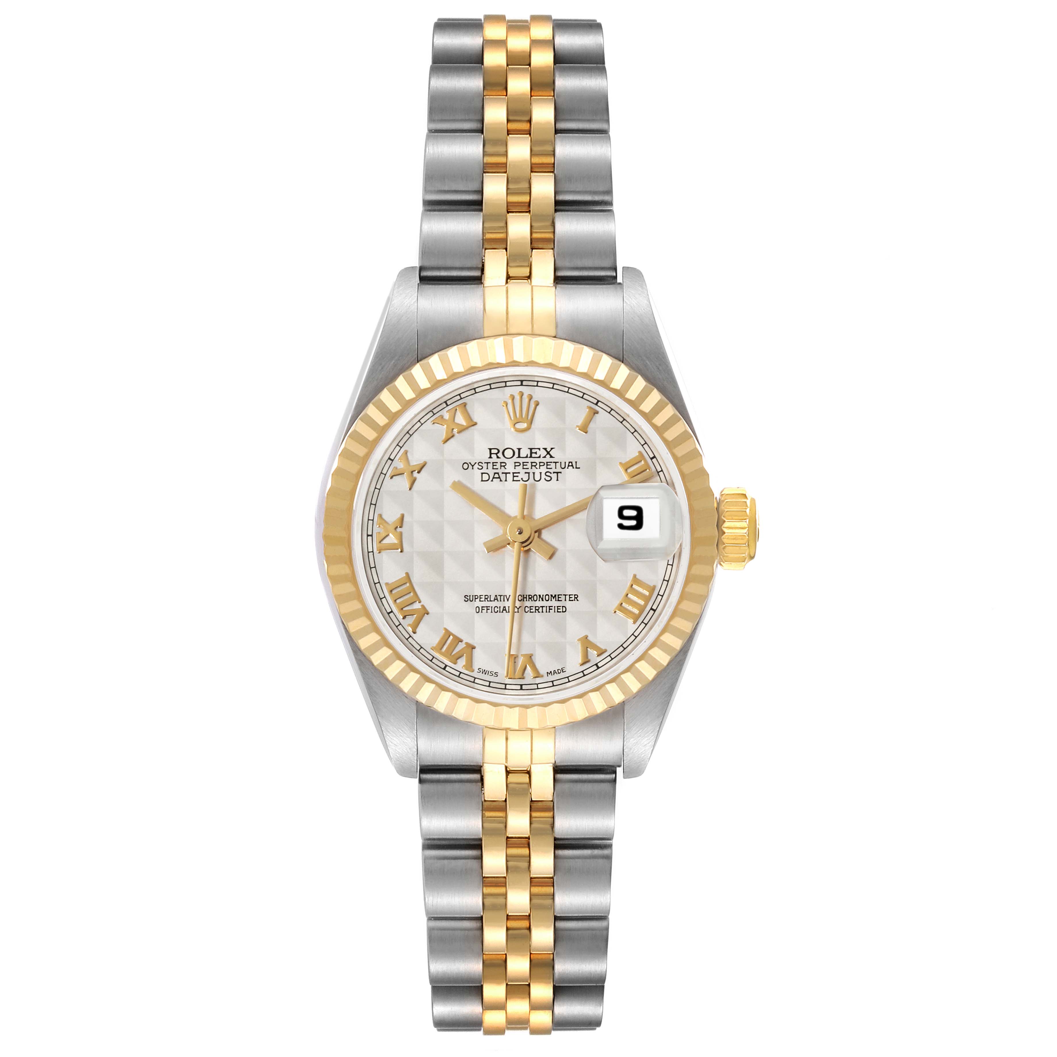 The Rolex Datejust 69173 Women's Steel and Gold (two tone) Beige Dial 69173 Women's Steel and Gold (two tone) Beige Dial watch is shown from the front, highlighting its dial, bezel, and dual-tone bracelet.