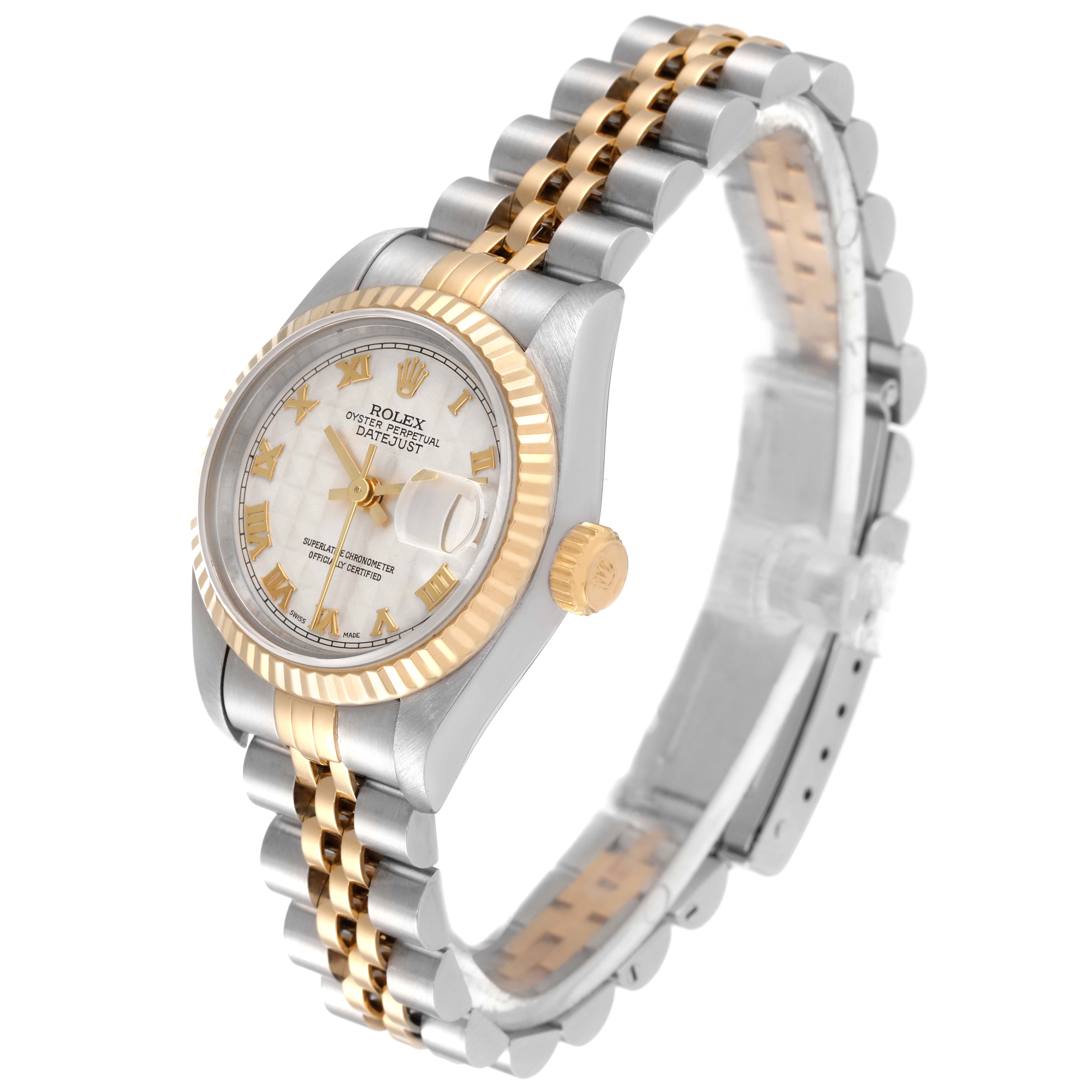 This Rolex Datejust 69173 Women's Steel and Gold (two tone) Beige Dial 69173 Women's Steel and Gold (two tone) Beige Dial watch is shown at a slight angle, highlighting the face, bezel, crown, and two-tone bracelet.
