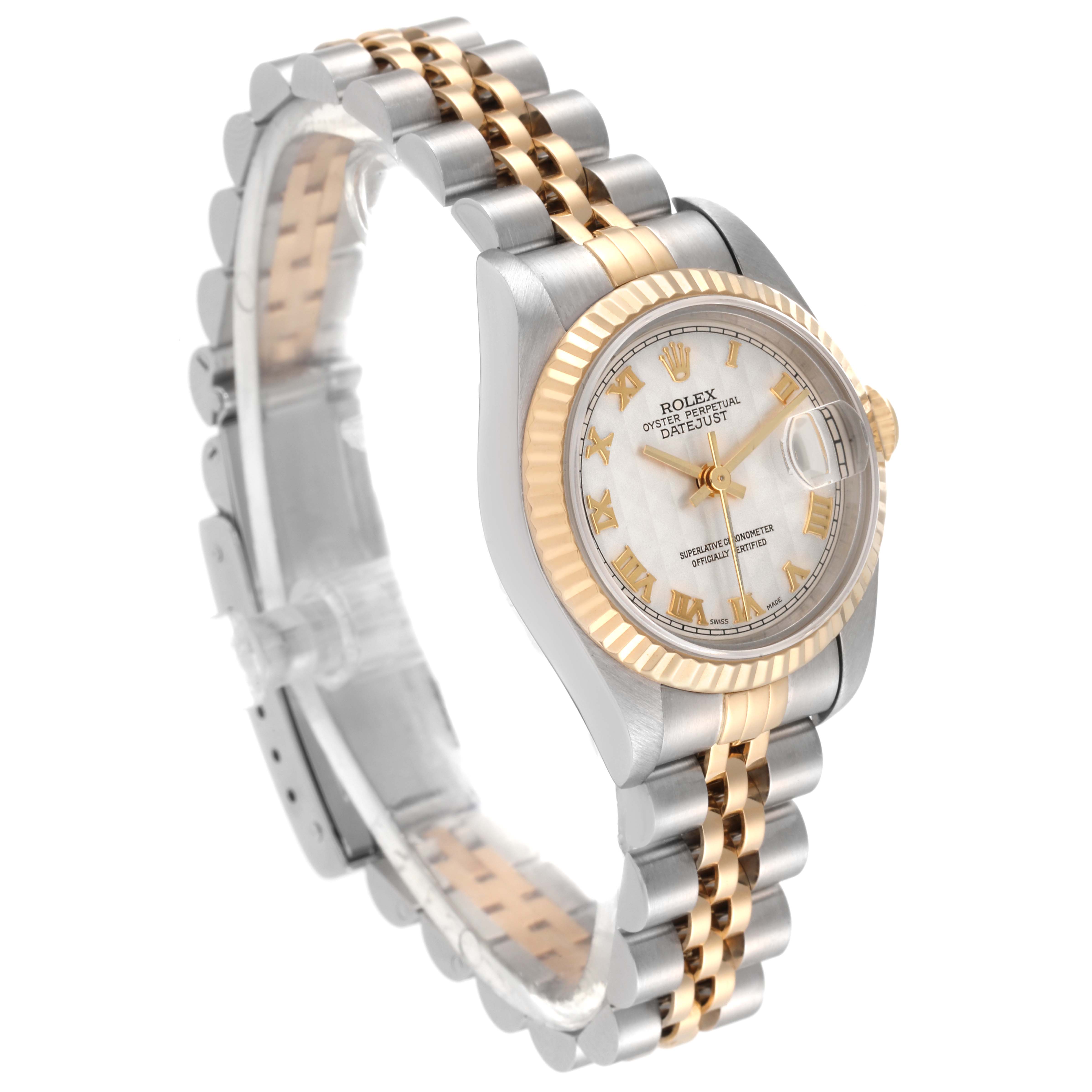 The Rolex Datejust 69173 Women's Steel and Gold (two tone) Beige Dial 69173 Women's Steel and Gold (two tone) Beige Dial watch is shown at a slight angle, displaying its face, bezel, and bracelet.