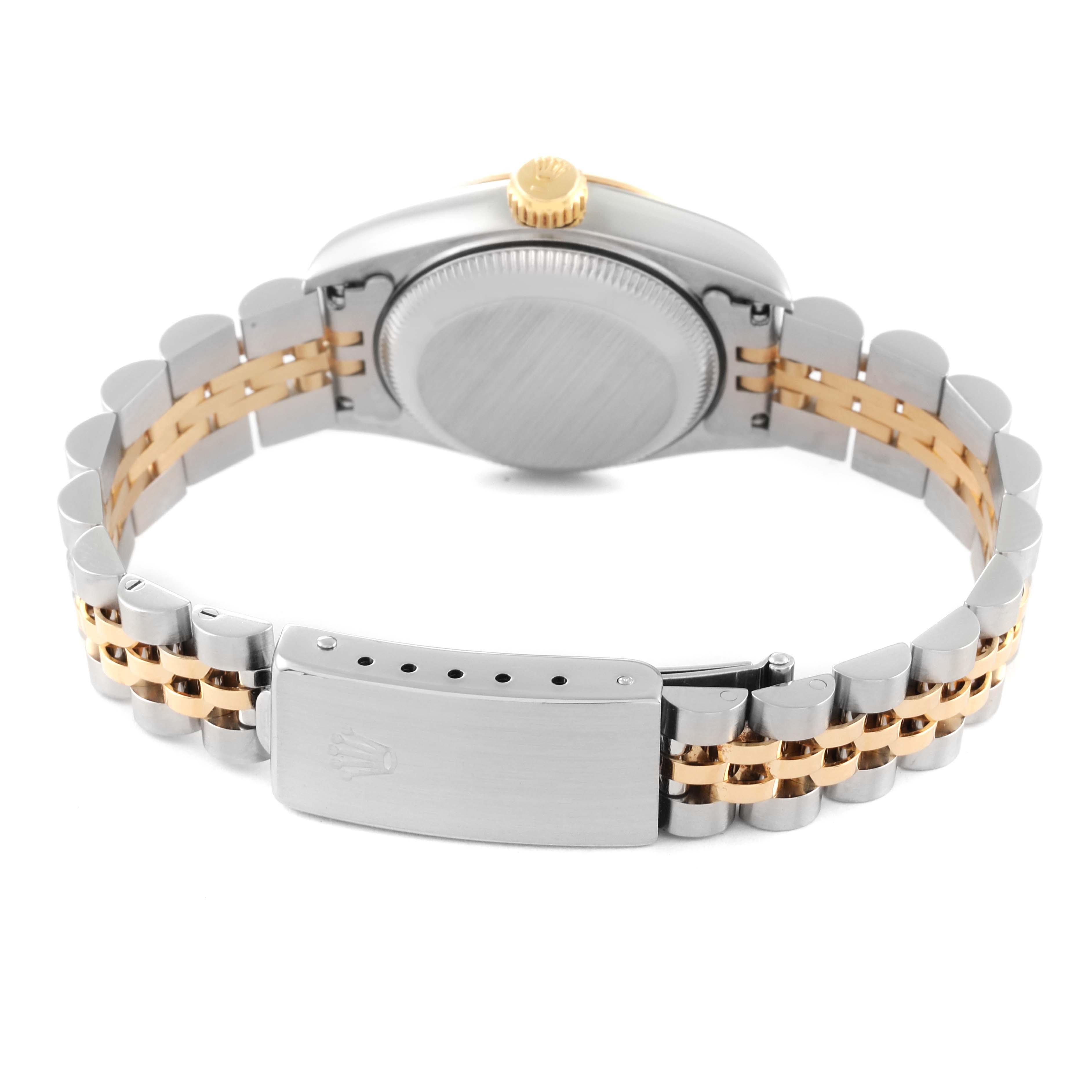 The image shows the back view of a Rolex Datejust 69173 Women's Steel and Gold (two tone) Beige Dial 69173 Women's Steel and Gold (two tone) Beige Dial watch, highlighting the case back and the two-tone Jubilee bracelet with the clasp.