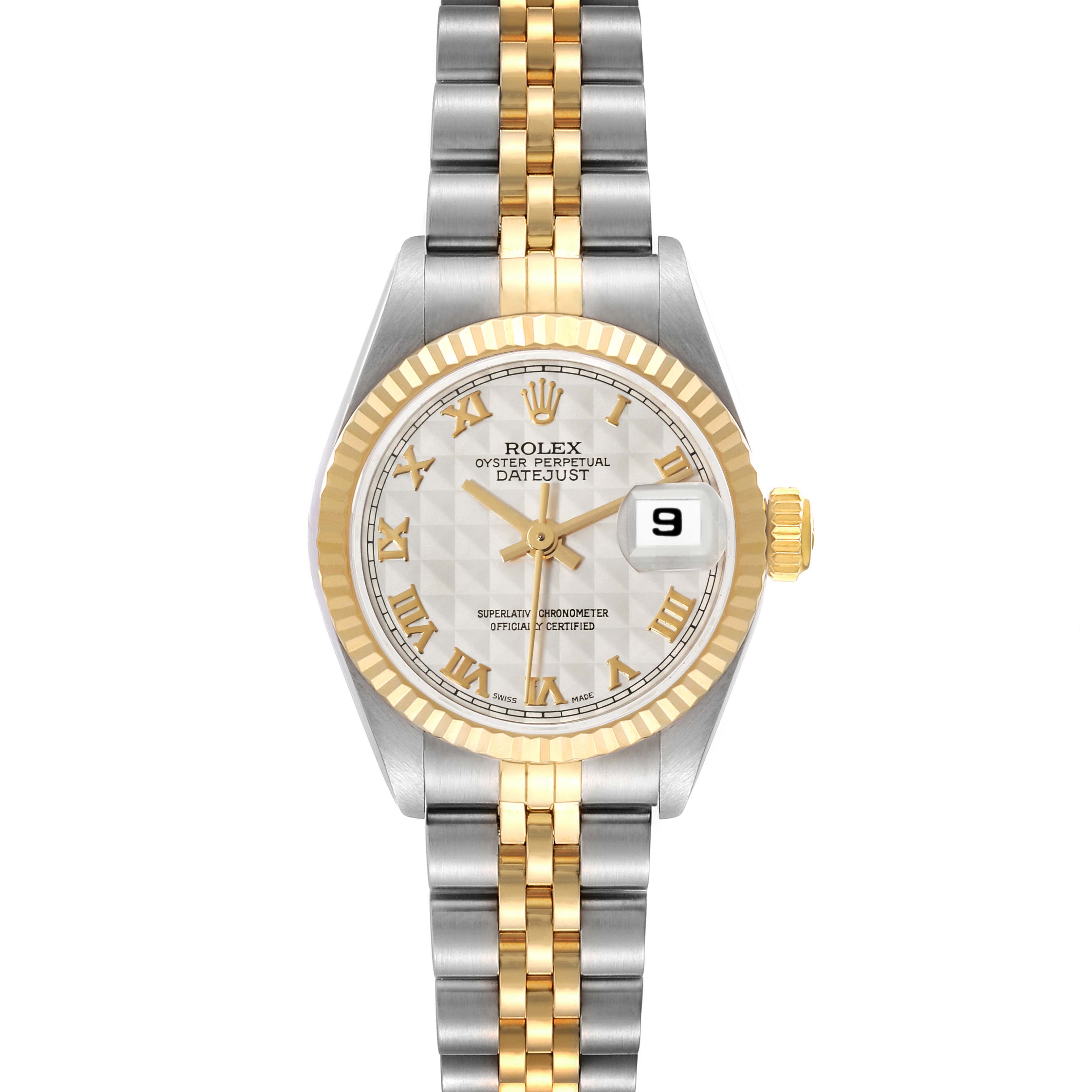 The Rolex Datejust 69173 Women's Steel and Gold (two tone) Beige Dial 69173 Women's Steel and Gold (two tone) Beige Dial watch is shown from a front angle, displaying the dial, bezel, and bracelet.