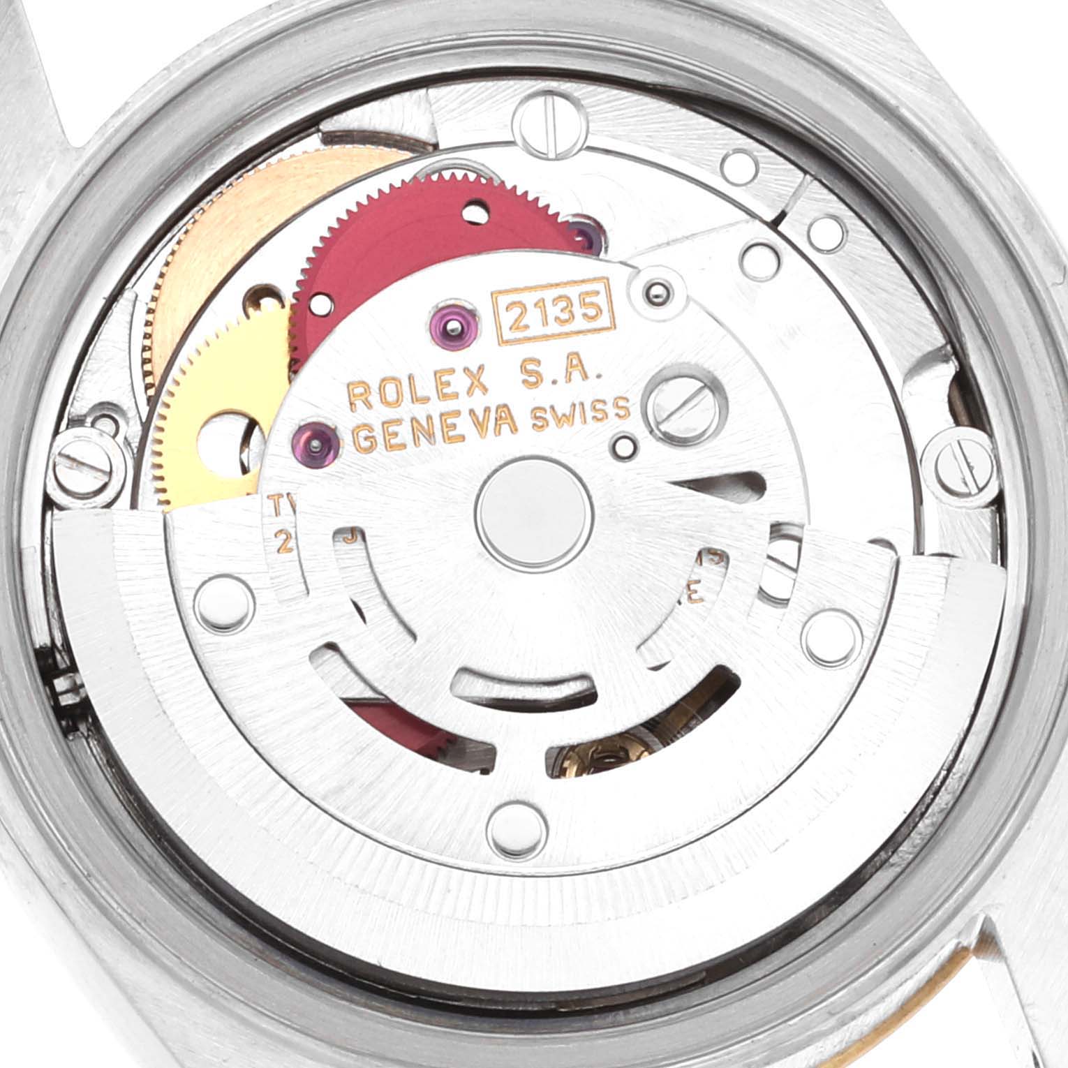 This image shows the inner mechanism of a Rolex Datejust 69173 Women's Steel and Gold (two tone) Beige Dial 69173 Women's Steel and Gold (two tone) Beige Dial watch viewed from the back, highlighting the gears and movement components.