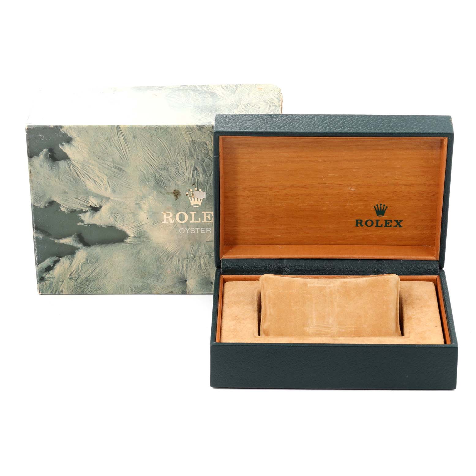 The image shows an open Rolex Vintage Collection 1601 Men's Steel and Gold (two tone) Champagne Dial 1601 Men's Steel and Gold (two tone) Champagne Dial watch box and its outer box, with a cushion inside.