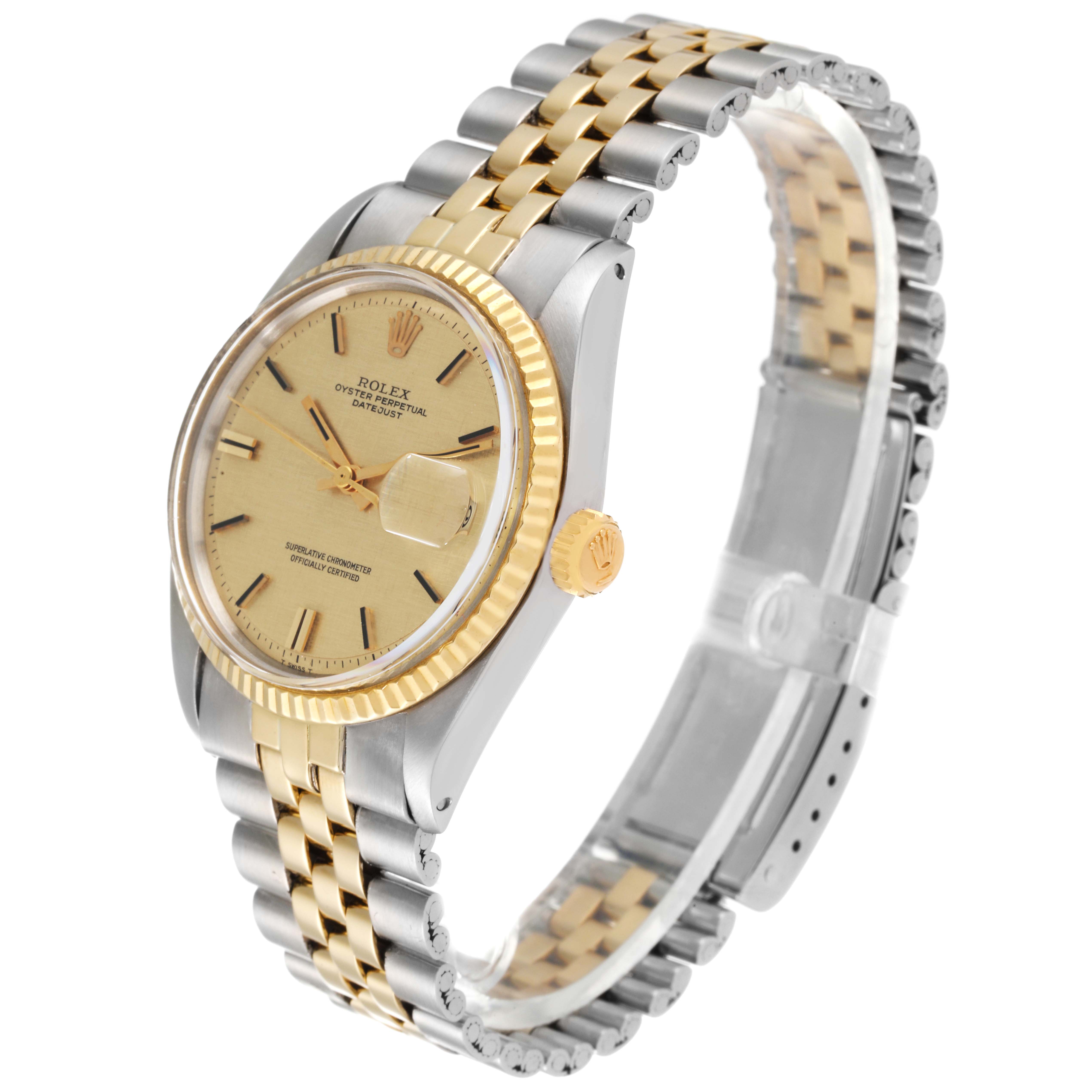 The image shows a side-angle view of a Rolex Vintage Collection 1601 Men's Steel and Gold (two tone) Champagne Dial 1601 Men's Steel and Gold (two tone) Champagne Dial watch, highlighting its dial, bezel, and two-tone bracelet.