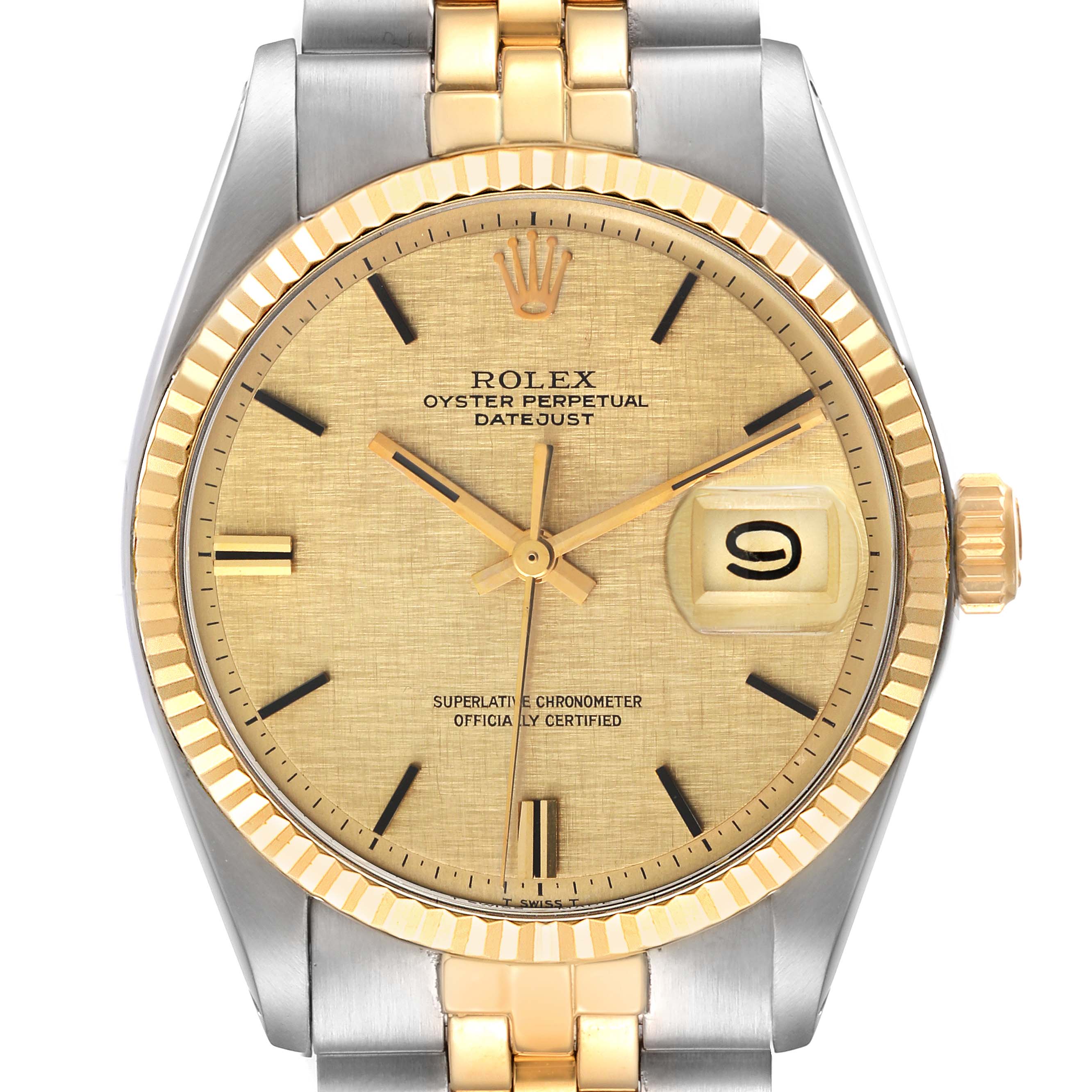 This image shows a frontal view of the Rolex Vintage Collection 1601 Men's Steel and Gold (two tone) Champagne Dial 1601 Men's Steel and Gold (two tone) Champagne Dial Oyster Perpetual Datejust watch, highlighting the face, bezel, and band.