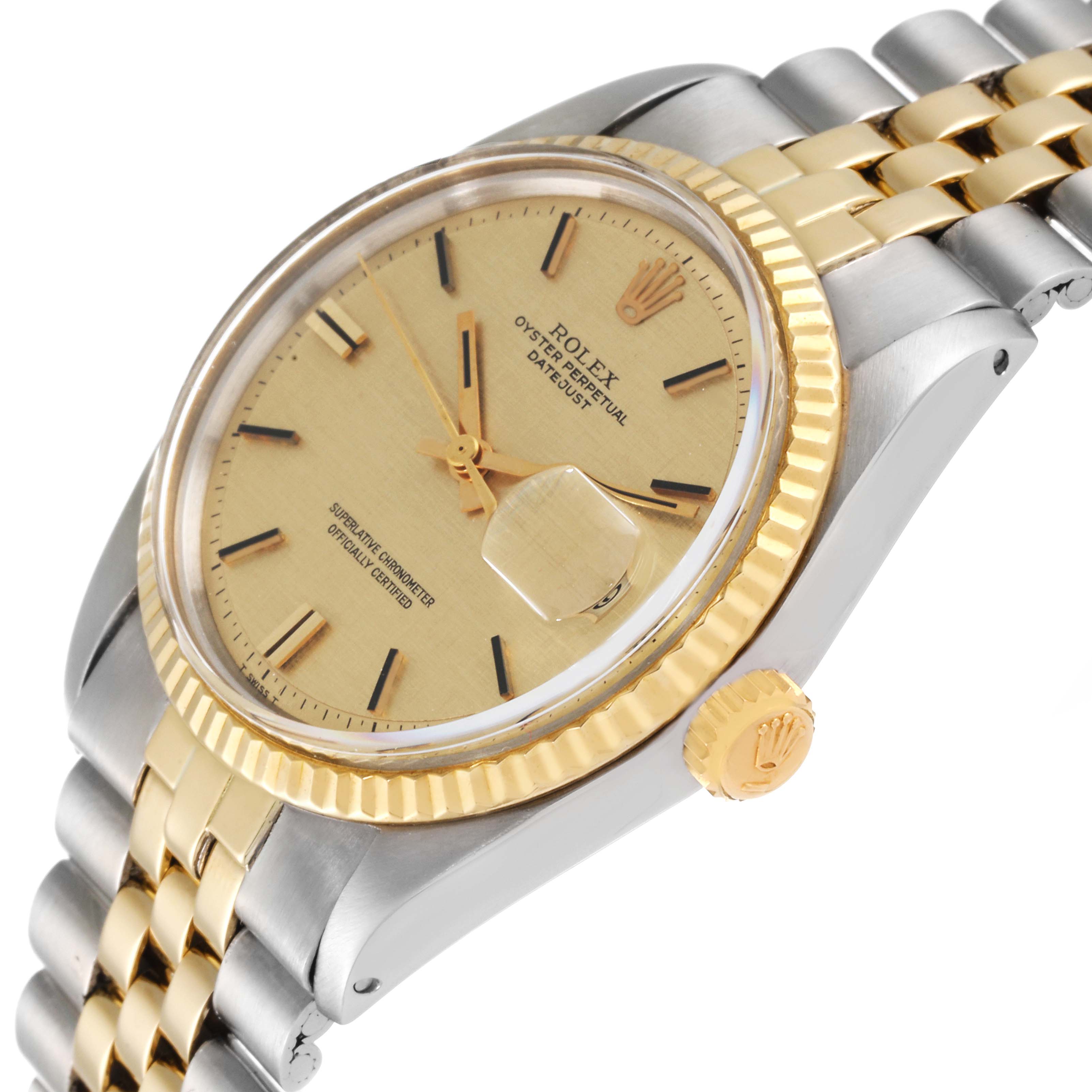 The Rolex Vintage Collection 1601 Men's Steel and Gold (two tone) Champagne Dial 1601 Men's Steel and Gold (two tone) Champagne Dial model watch is shown at an angled close-up, highlighting its face, bezel, crown, and bracelet.