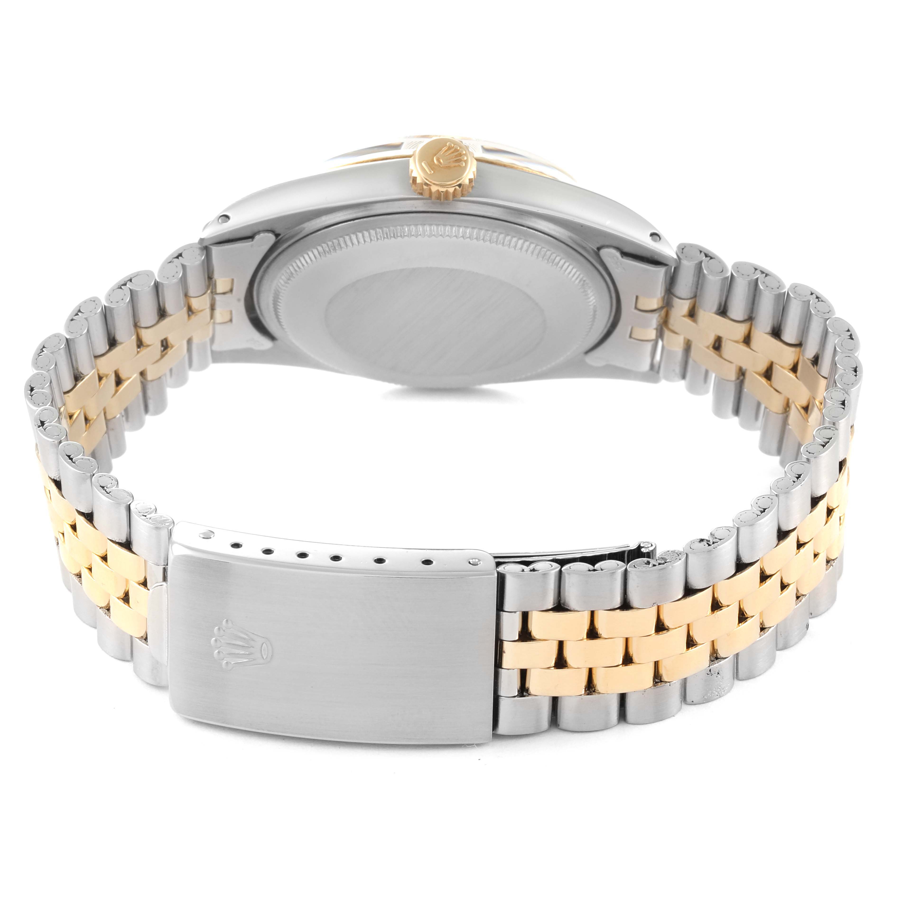 This image shows the back view of a Rolex Vintage Collection 1601 Men's Steel and Gold (two tone) Champagne Dial 1601 Men's Steel and Gold (two tone) Champagne Dial watch, focusing on its two-tone bracelet and clasp.