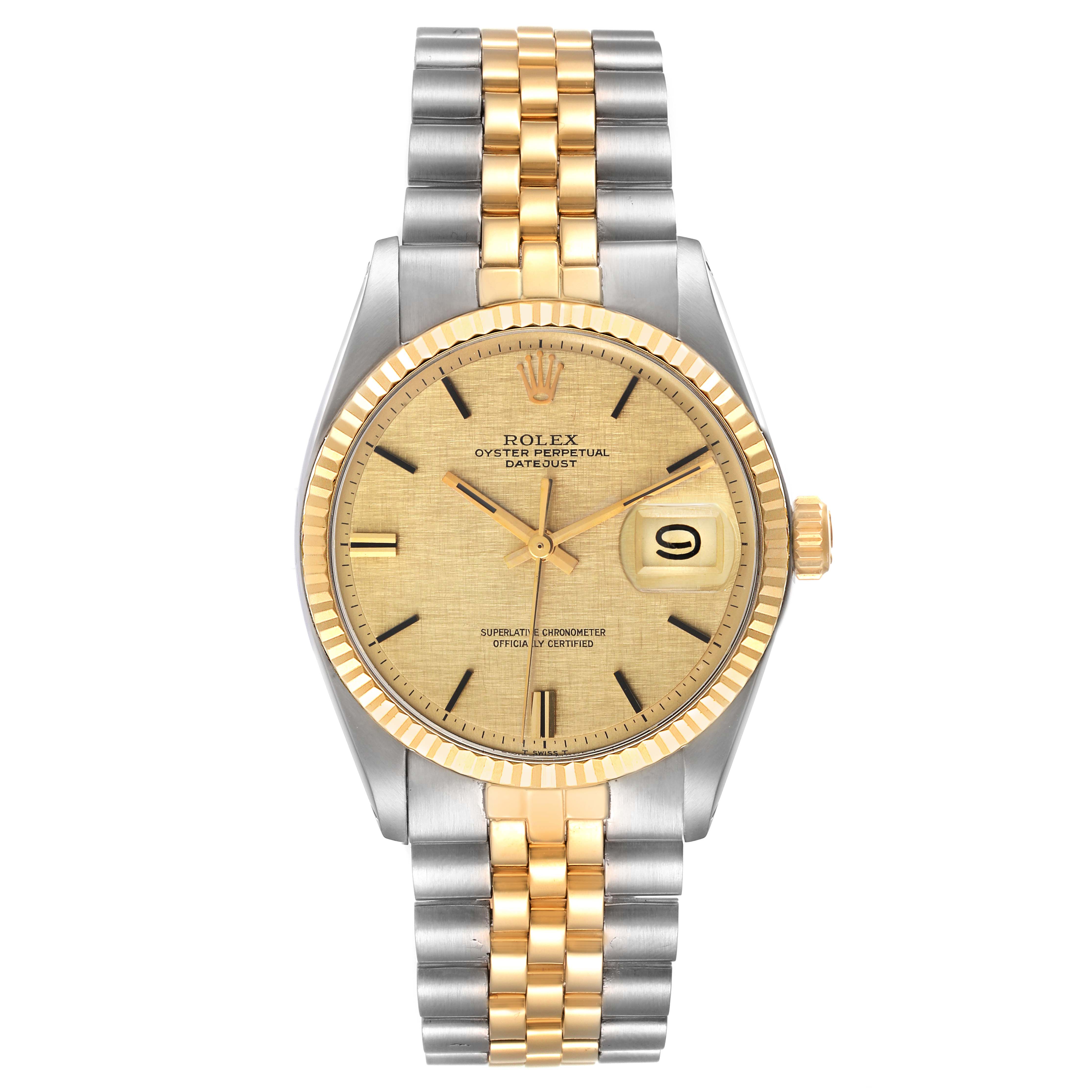 The image shows a frontal view of a Rolex Vintage Collection 1601 Men's Steel and Gold (two tone) Champagne Dial 1601 Men's Steel and Gold (two tone) Champagne Dial watch with a two-tone bracelet, beige dial, and date display.