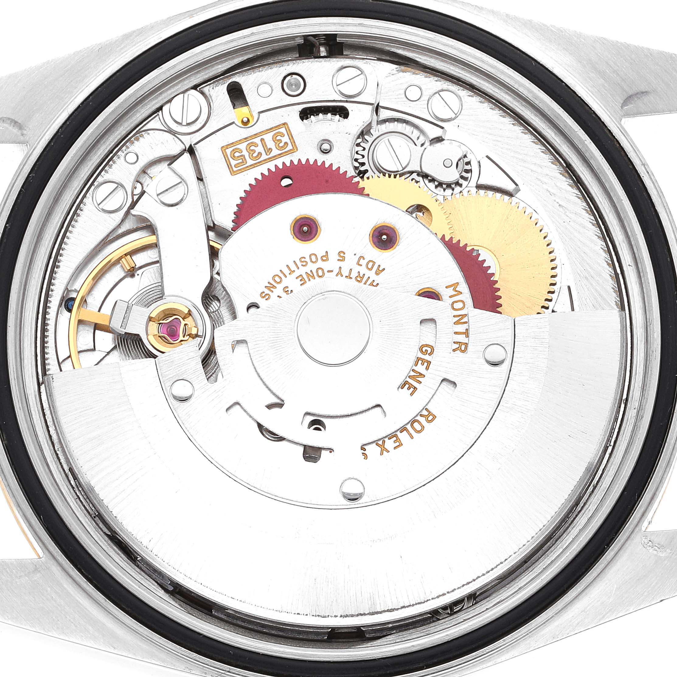 This image shows the intricate internal mechanisms and movement parts of a Rolex Datejust 16233 Men's Steel and Gold (two tone) Mother of Pearl Dial 16233 Men's Steel and Gold (two tone) Mother of Pearl Dial watch from the back angle.