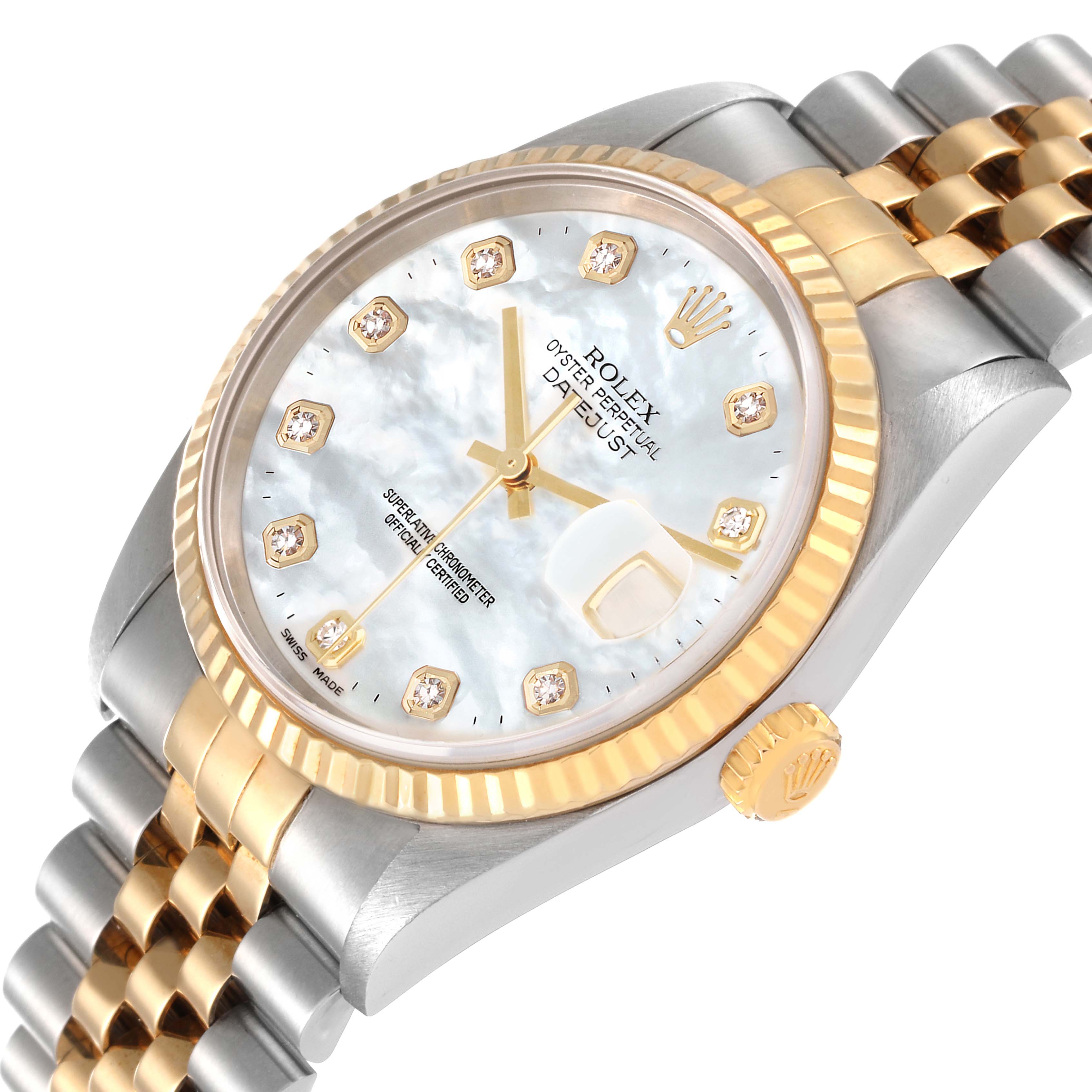 The image shows the face, bezel, and partial bracelet of a Rolex Datejust 16233 Men's Steel and Gold (two tone) Mother of Pearl Dial 16233 Men's Steel and Gold (two tone) Mother of Pearl Dial watch at an angled view.