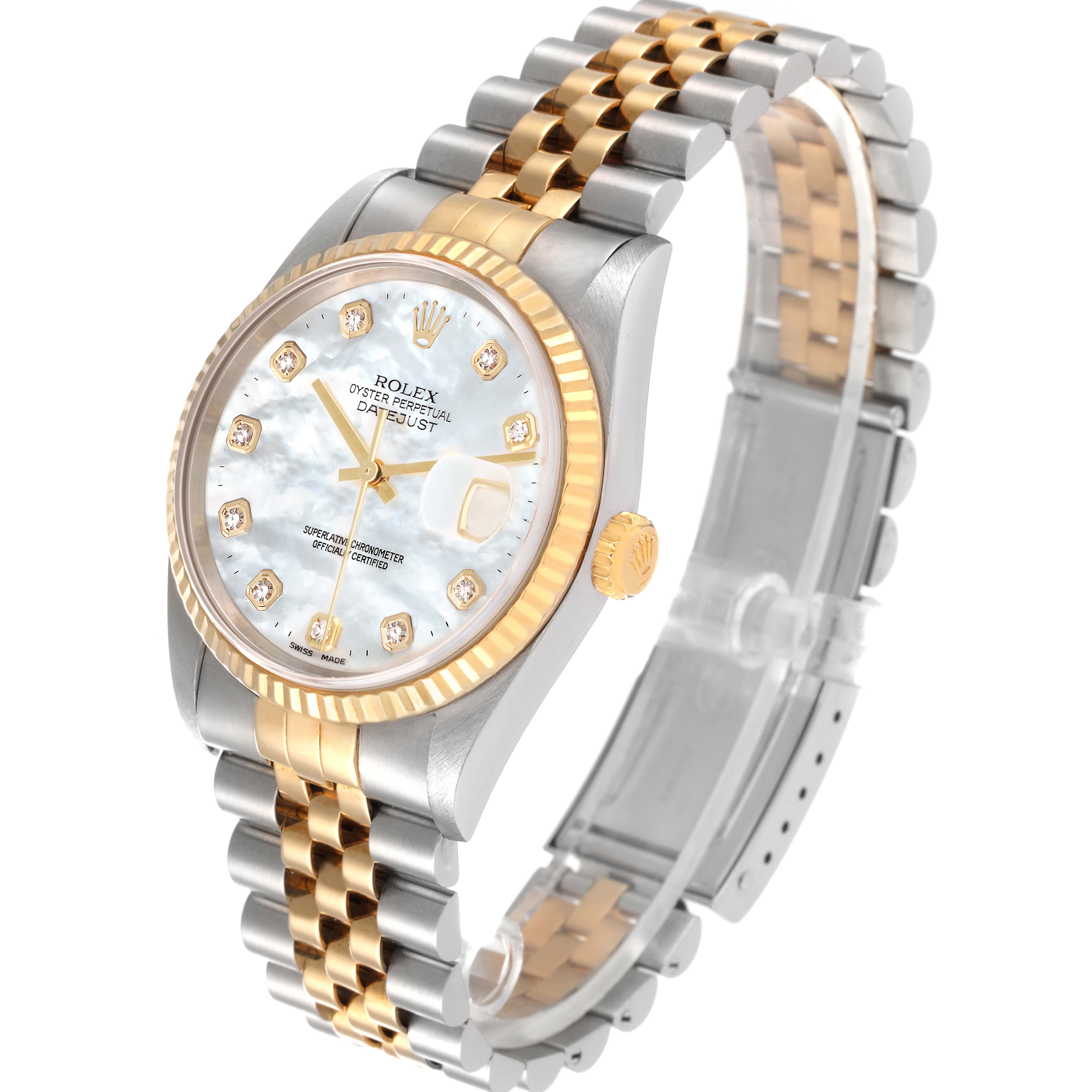 The image shows a Rolex Datejust 16233 Men's Steel and Gold (two tone) Mother of Pearl Dial 16233 Men's Steel and Gold (two tone) Mother of Pearl Dial watch at an angled view highlighting the dial, bezel, crown, and Jubilee bracelet.