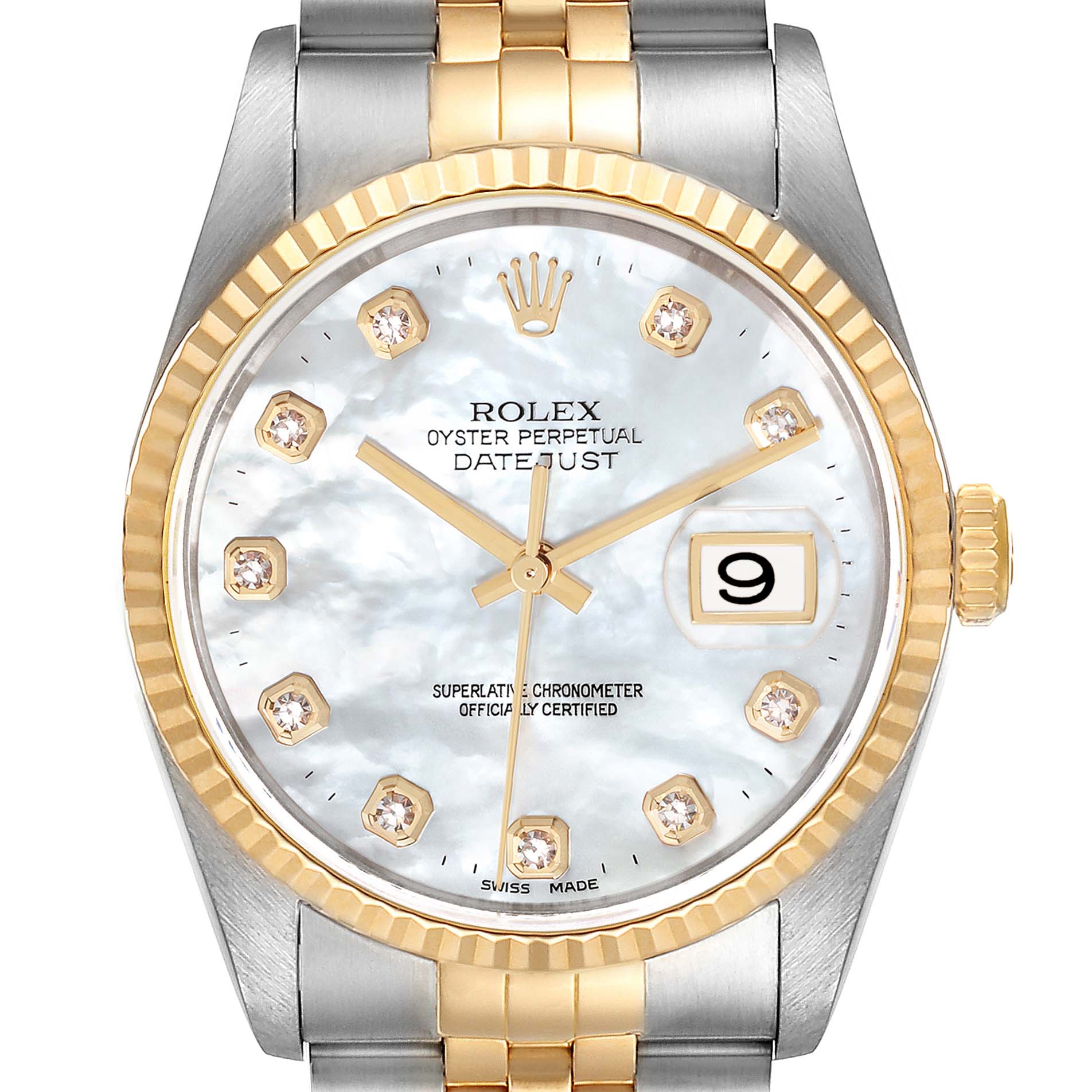 This image shows a frontal view of the Rolex Datejust 16233 Men's Steel and Gold (two tone) Mother of Pearl Dial 16233 Men's Steel and Gold (two tone) Mother of Pearl Dial watch, highlighting its dial, hands, date display, and part of the bracelet.
