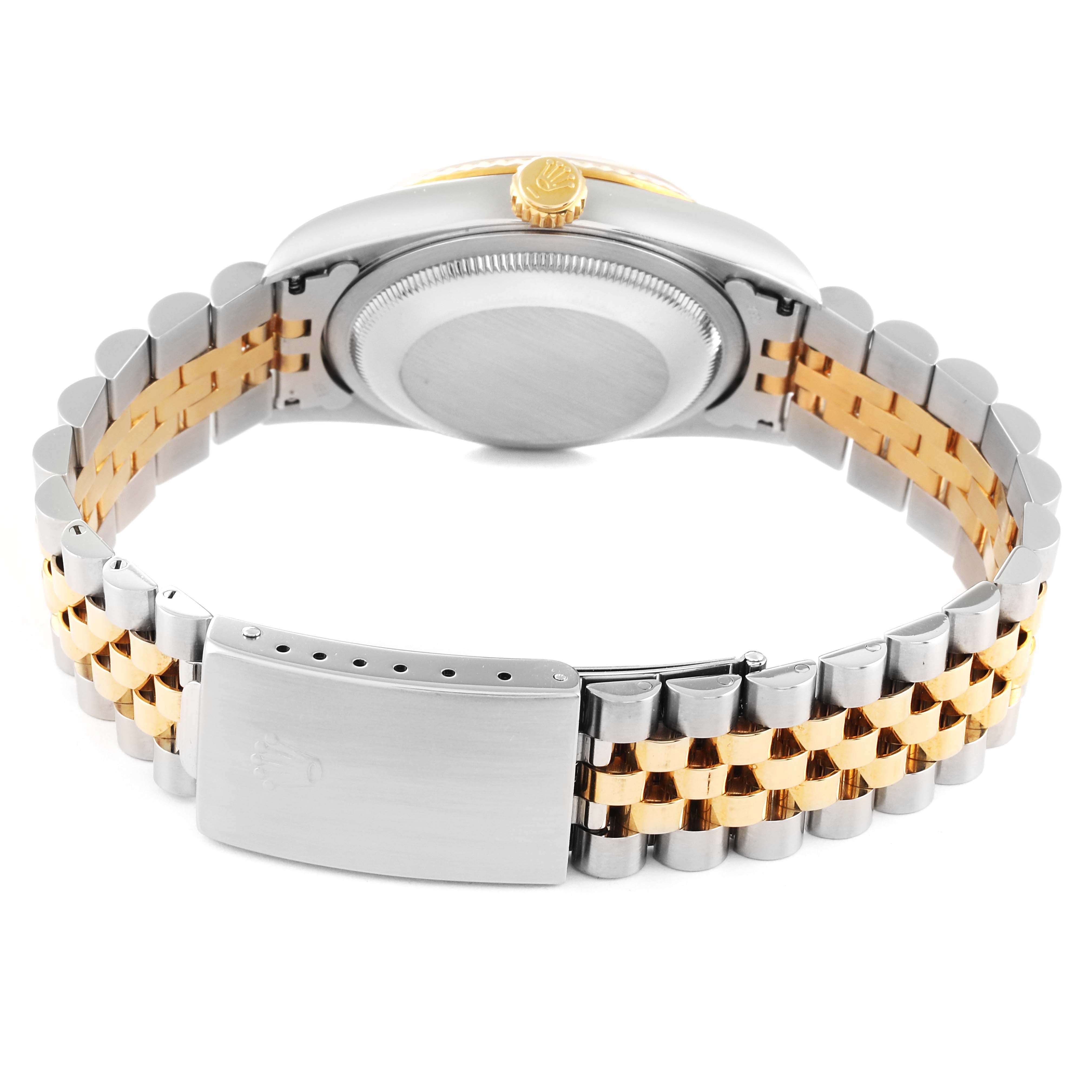 This image shows the back case, crown, and two-tone bracelet of a Rolex Datejust 16233 Men's Steel and Gold (two tone) Mother of Pearl Dial 16233 Men's Steel and Gold (two tone) Mother of Pearl Dial watch from a rear angle.