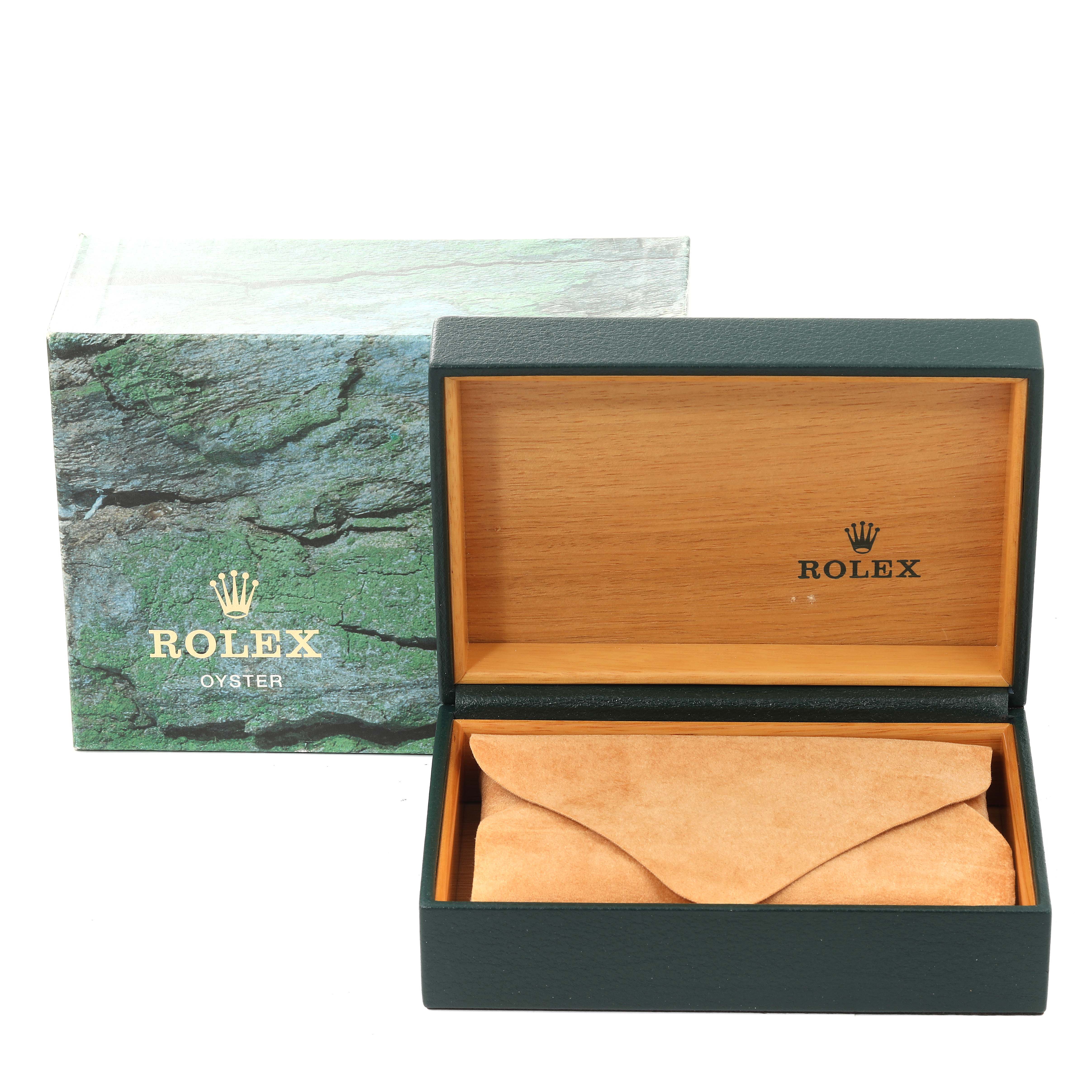 The image shows the open luxury-green box and outer box of a Rolex Datejust 16233 Men's Steel and Gold (two tone) Mother of Pearl Dial 16233 Men's Steel and Gold (two tone) Mother of Pearl Dial watch, showcasing green and beige tones.