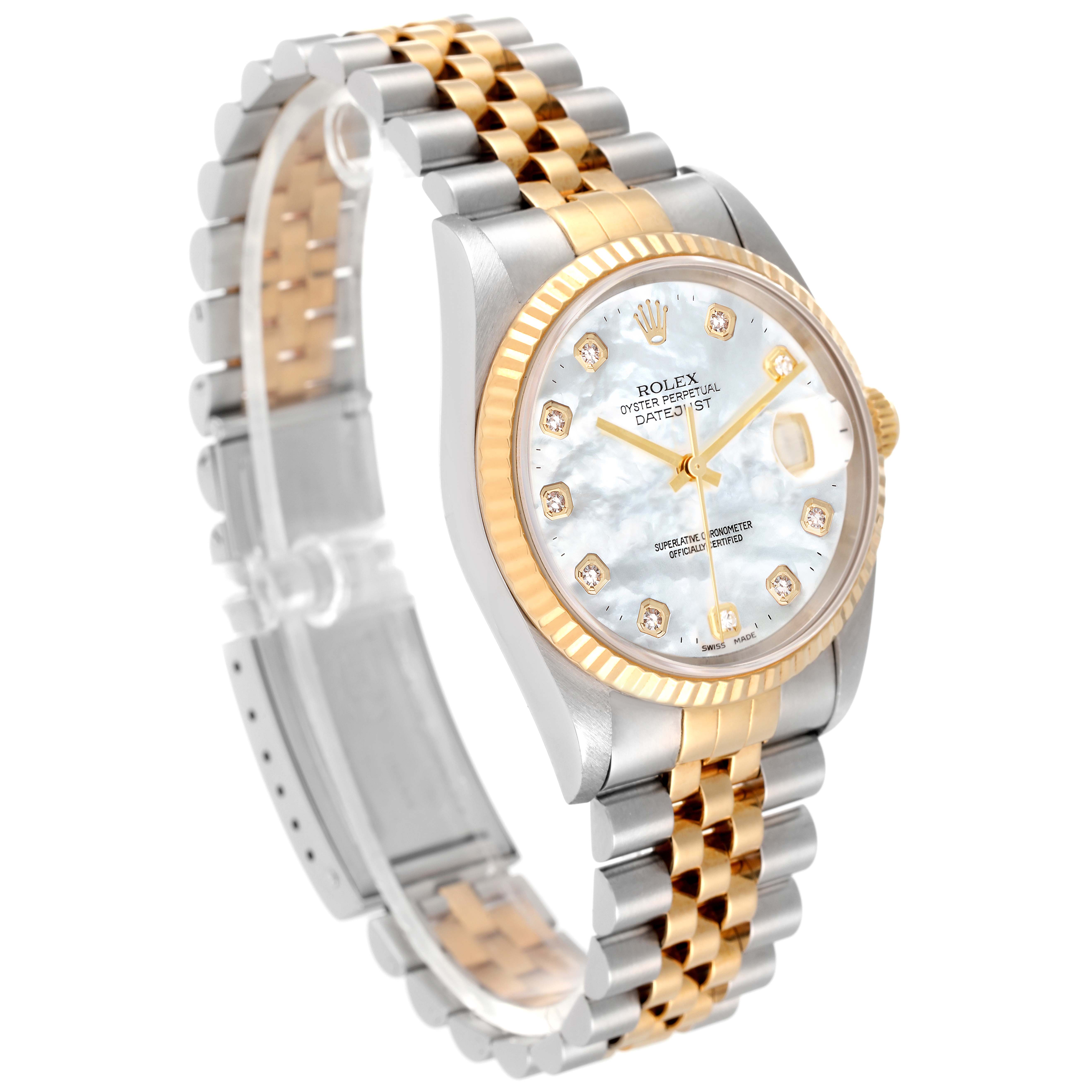 This Rolex Datejust 16233 Men's Steel and Gold (two tone) Mother of Pearl Dial 16233 Men's Steel and Gold (two tone) Mother of Pearl Dial watch is shown at an angled side view, highlighting the dial, bezel, and two-tone bracelet.