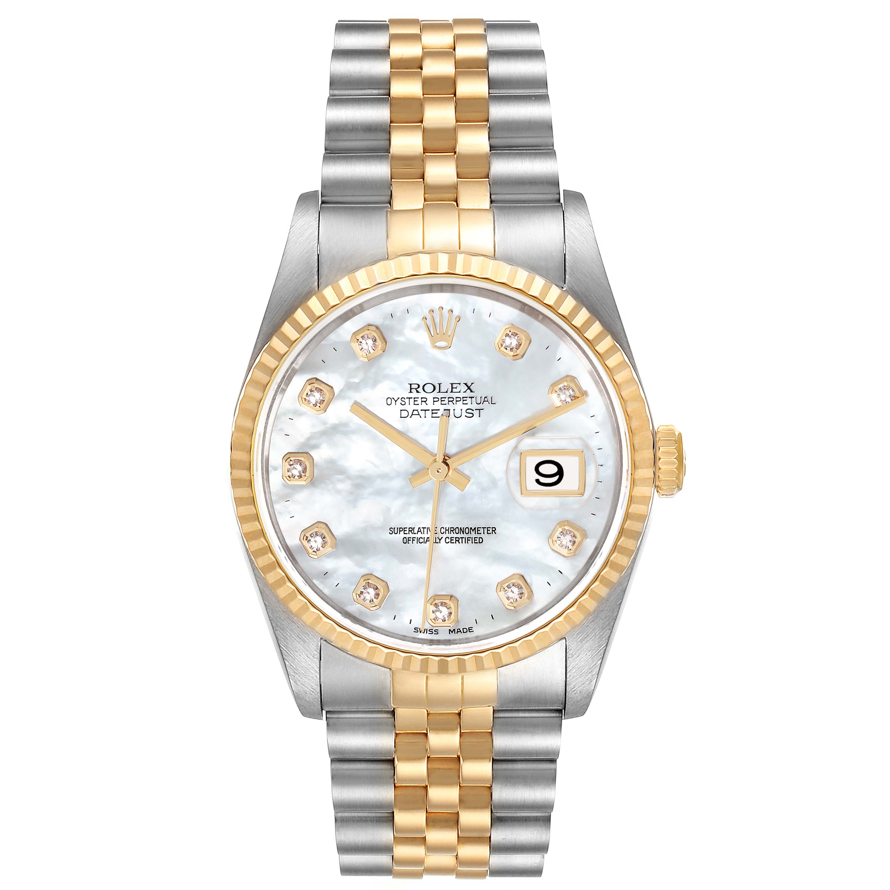 The image shows a front view of a Rolex Datejust 16233 Men's Steel and Gold (two tone) Mother of Pearl Dial 16233 Men's Steel and Gold (two tone) Mother of Pearl Dial watch, featuring a two-tone bracelet, fluted bezel, and diamond hour markers.