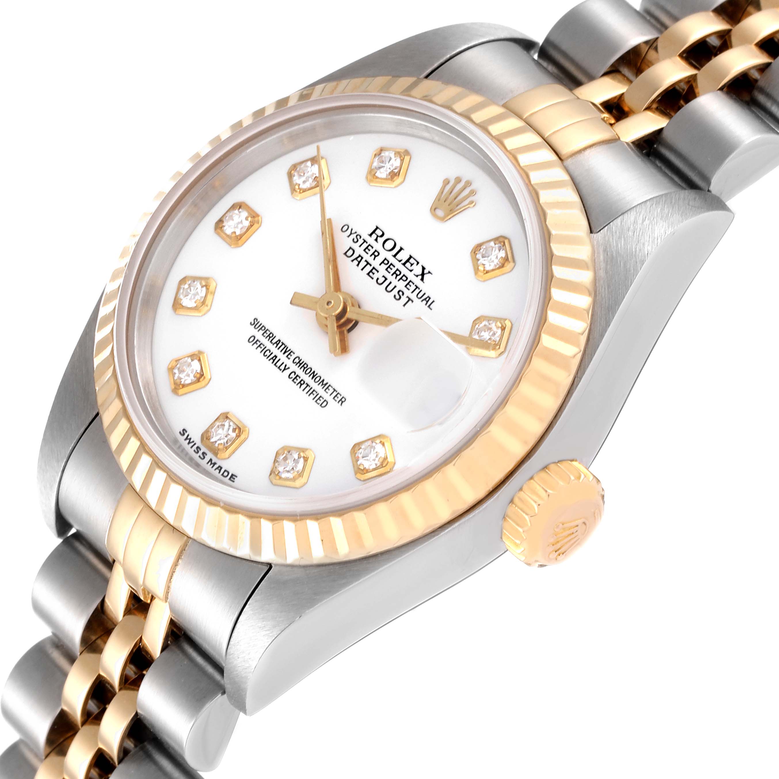 This Rolex Datejust 79173 Women's Steel and Gold (two tone) White Dial 79173 Women's Steel and Gold (two tone) White Dial watch is shown at a three-quarter angle, displaying the face, bezel, and part of the bracelet.