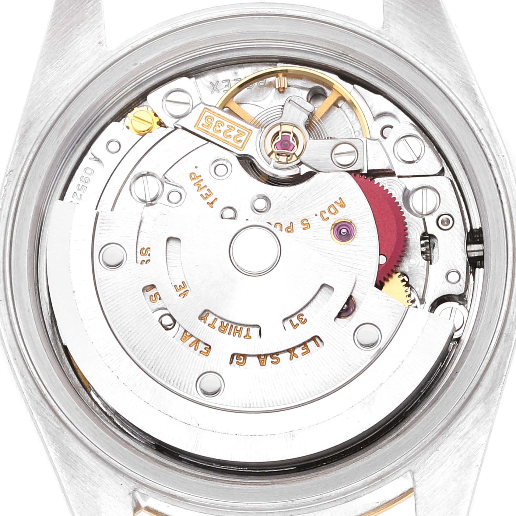 This image shows the inner mechanical movement of a Rolex Datejust 79173 Women's Steel and Gold (two tone) White Dial 79173 Women's Steel and Gold (two tone) White Dial watch from a top-down angle.