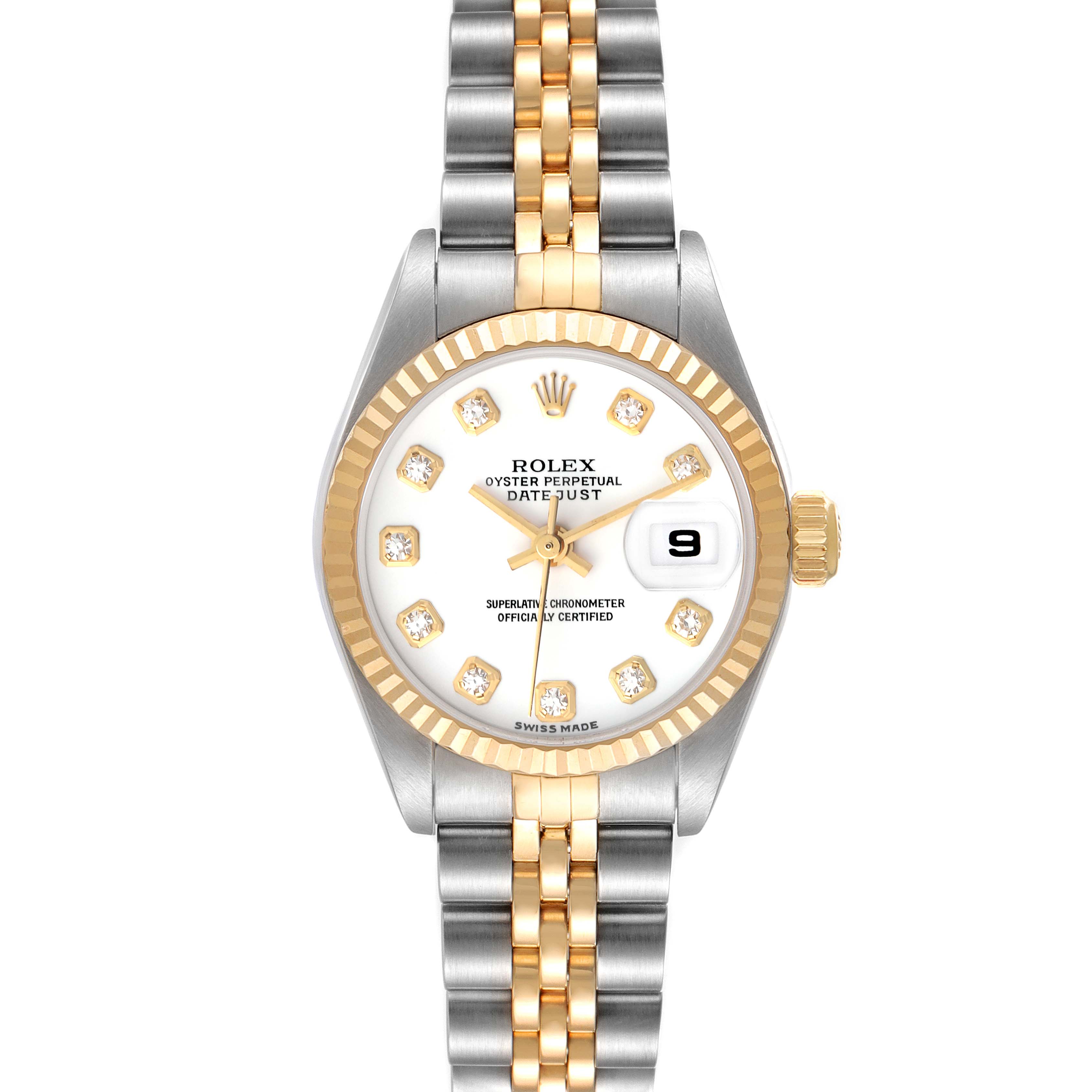 The Rolex Datejust 79173 Women's Steel and Gold (two tone) White Dial 79173 Women's Steel and Gold (two tone) White Dial model is shown from a top-down angle, displaying the face, bezel, and two-tone bracelet.